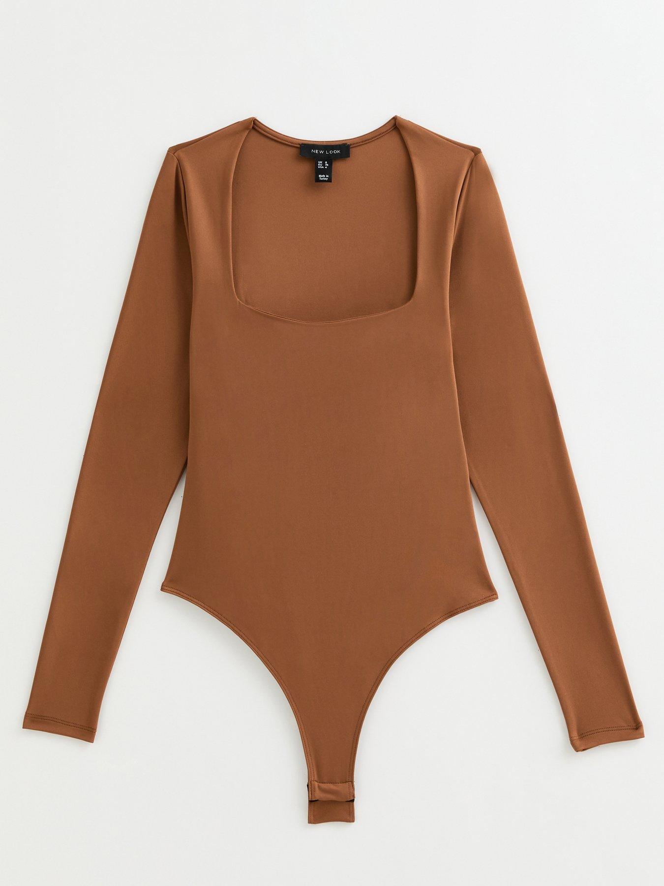  image of new-look-brown-slinky-jersey-square-neck-long-sleeve-bodysuit