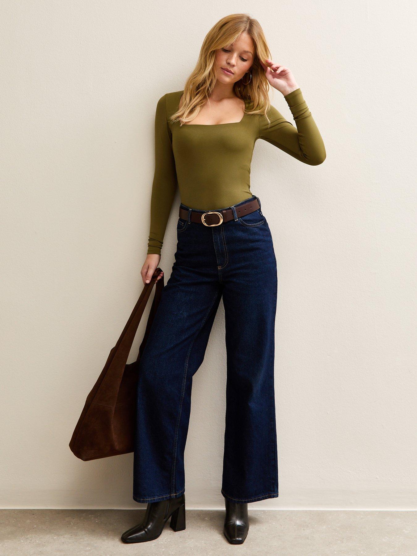  image of new-look-slinky-jersey-square-neck-long-sleeve-bodysuit-green