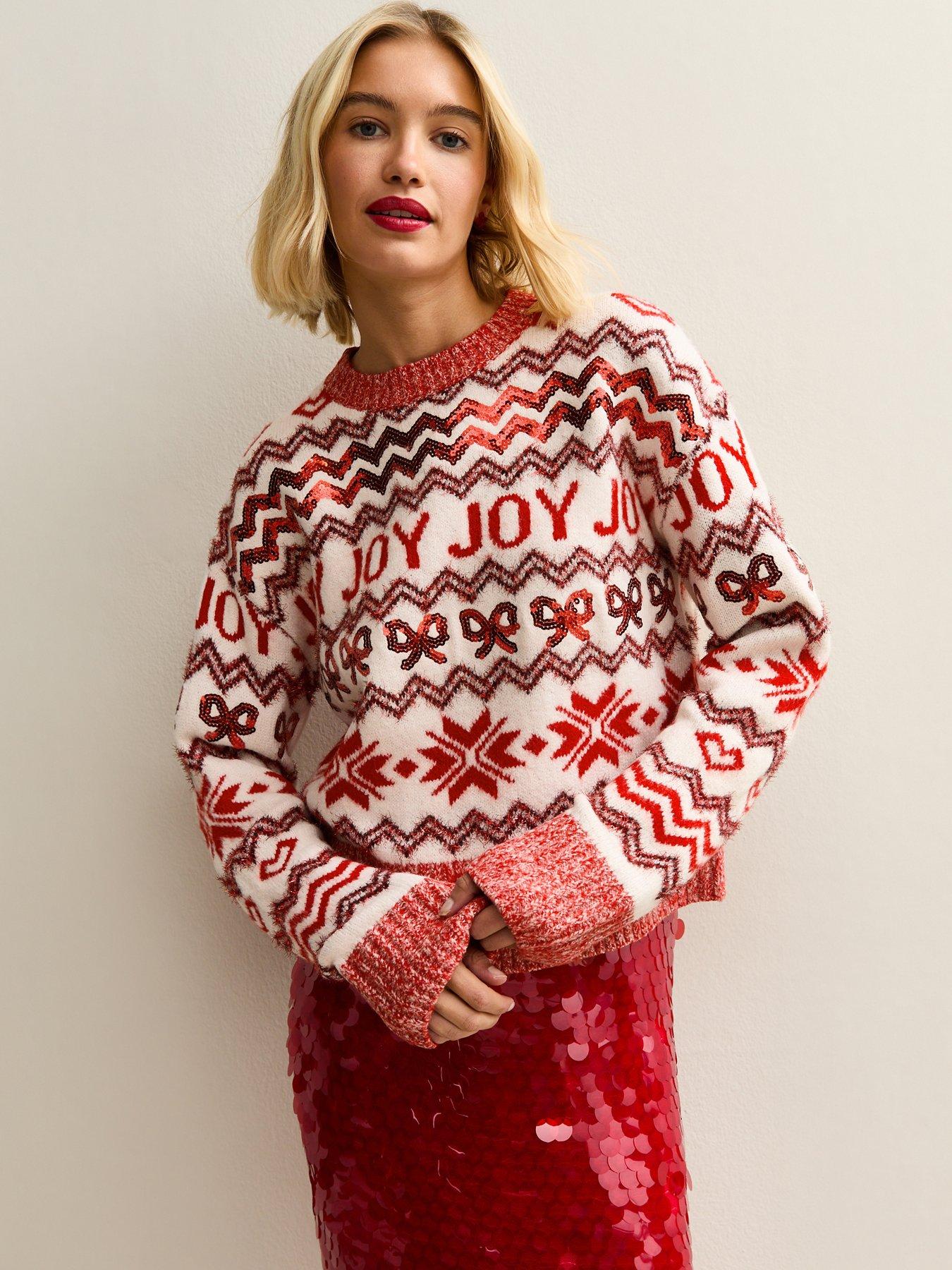  image of new-look-red-joy-zig-zag-crew-neck-christmas-jumper