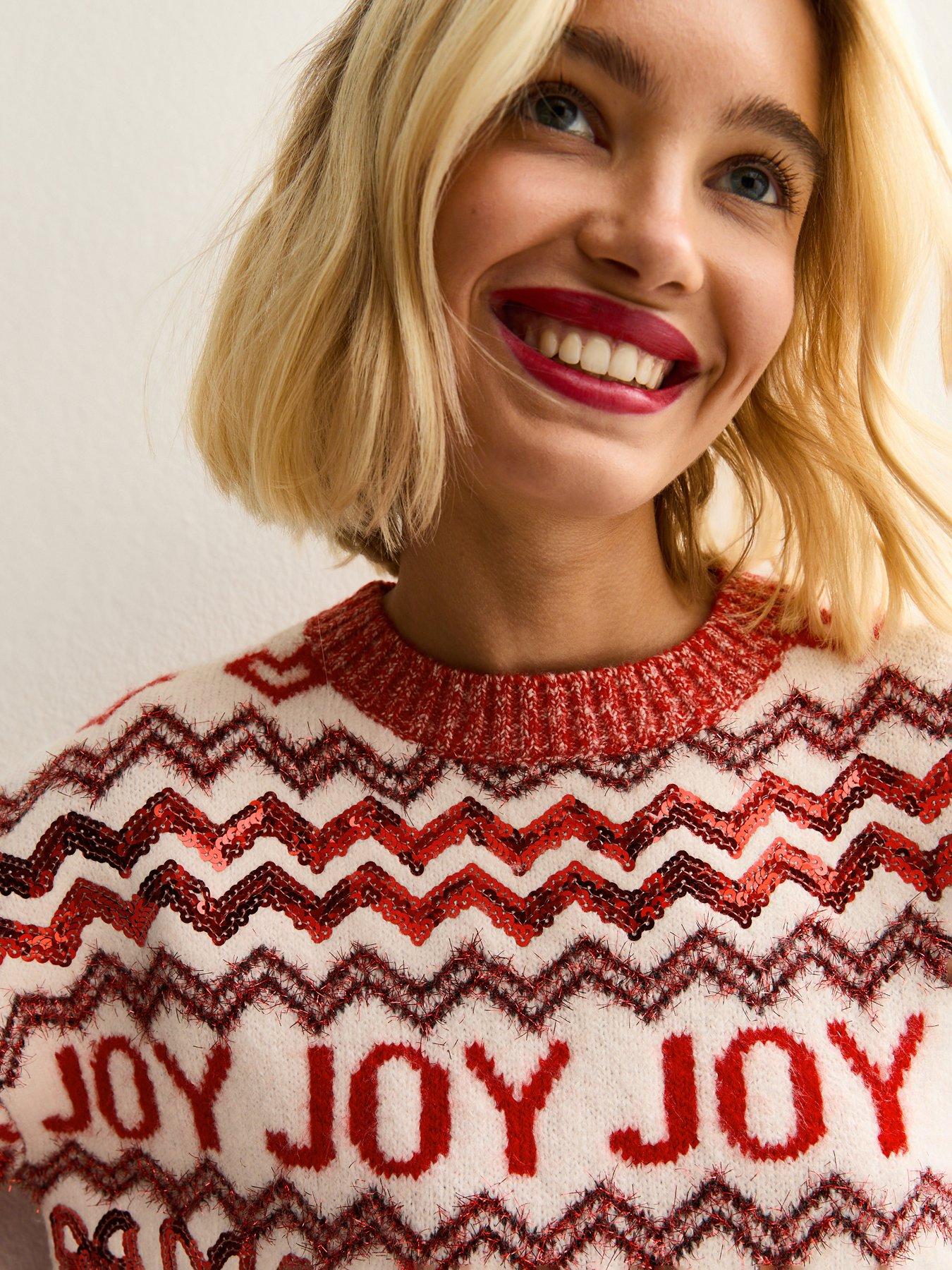  image of new-look-red-joy-zig-zag-crew-neck-christmas-jumper