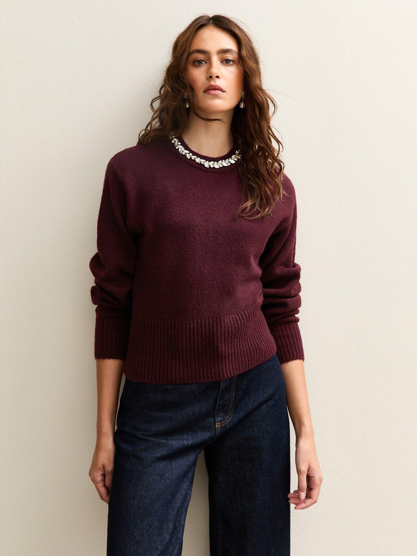 Image 1 of 6 of New Look Burgundy Embellished Necklace Jumper