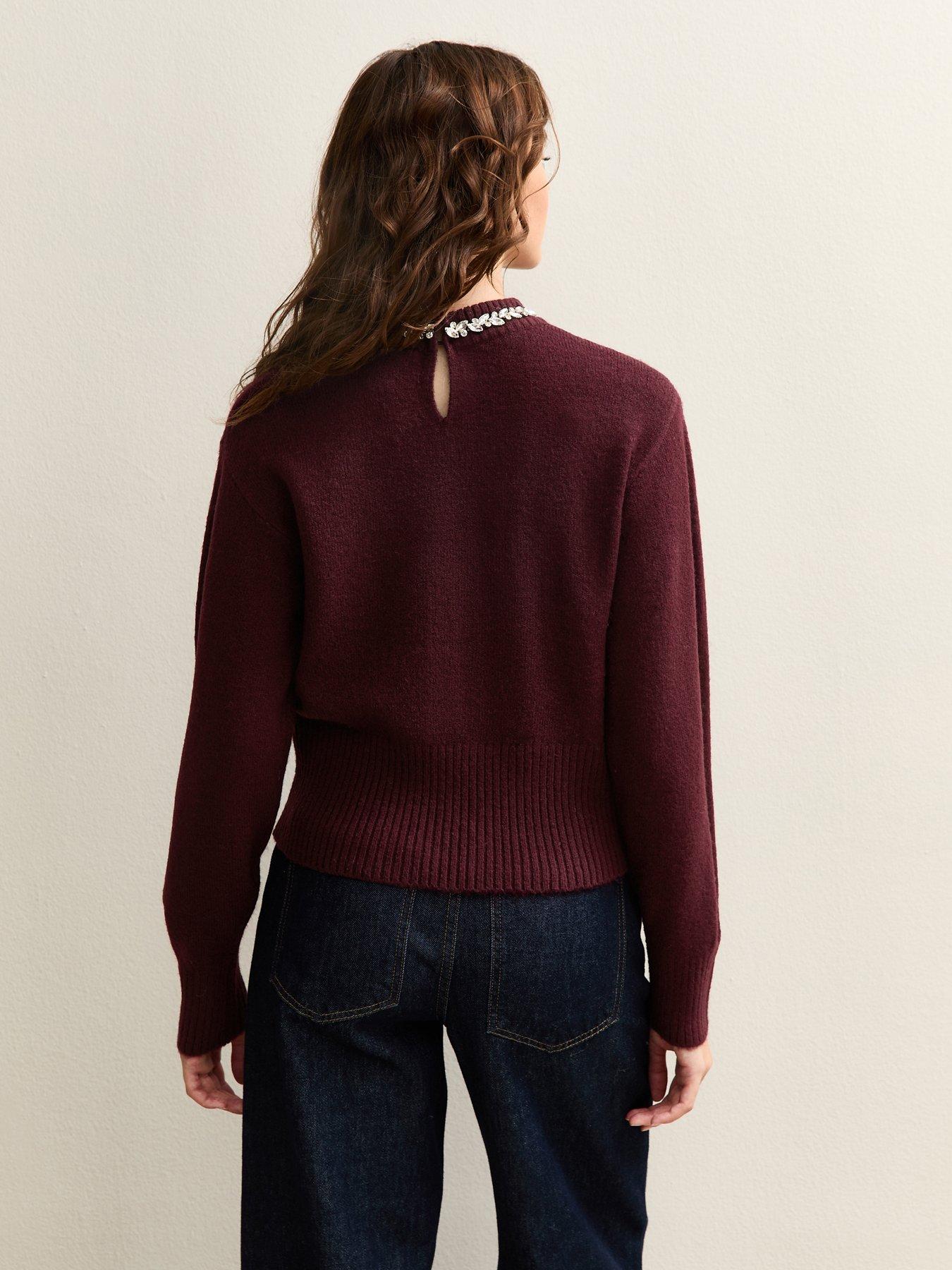 Image 2 of 6 of New Look Burgundy Embellished Necklace Jumper