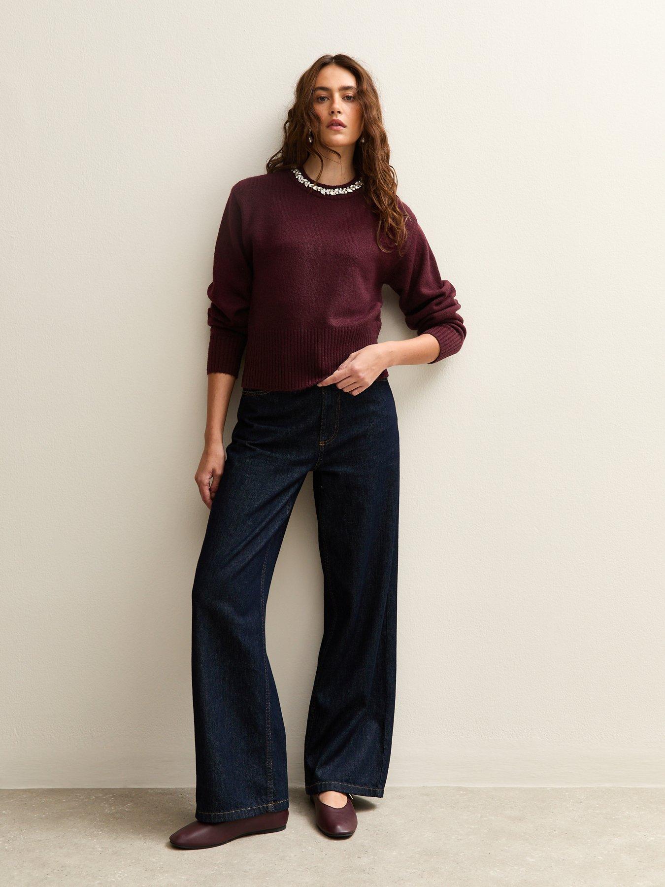 Image 3 of 6 of New Look Burgundy Embellished Necklace Jumper