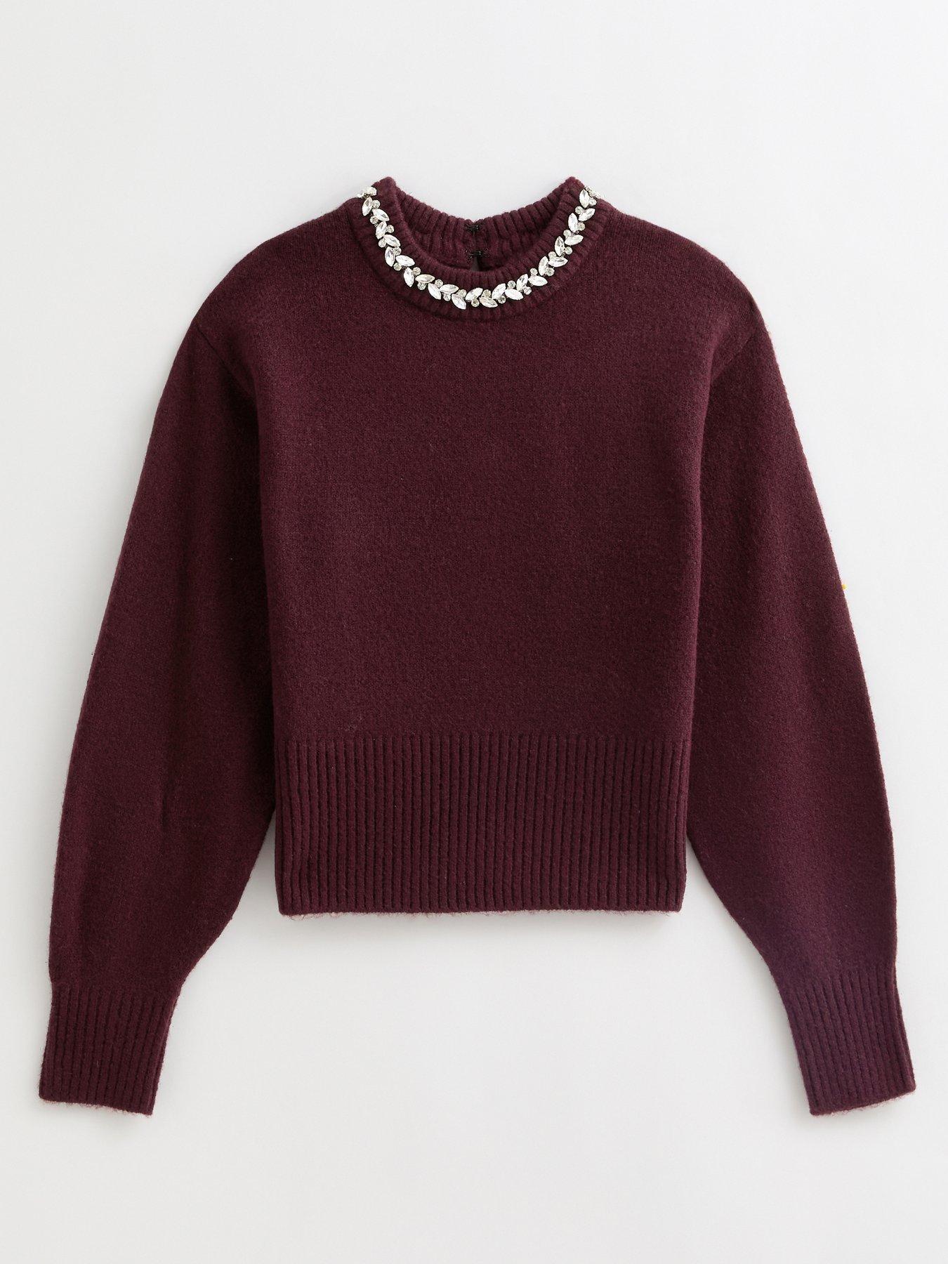Image 5 of 6 of New Look Burgundy Embellished Necklace Jumper
