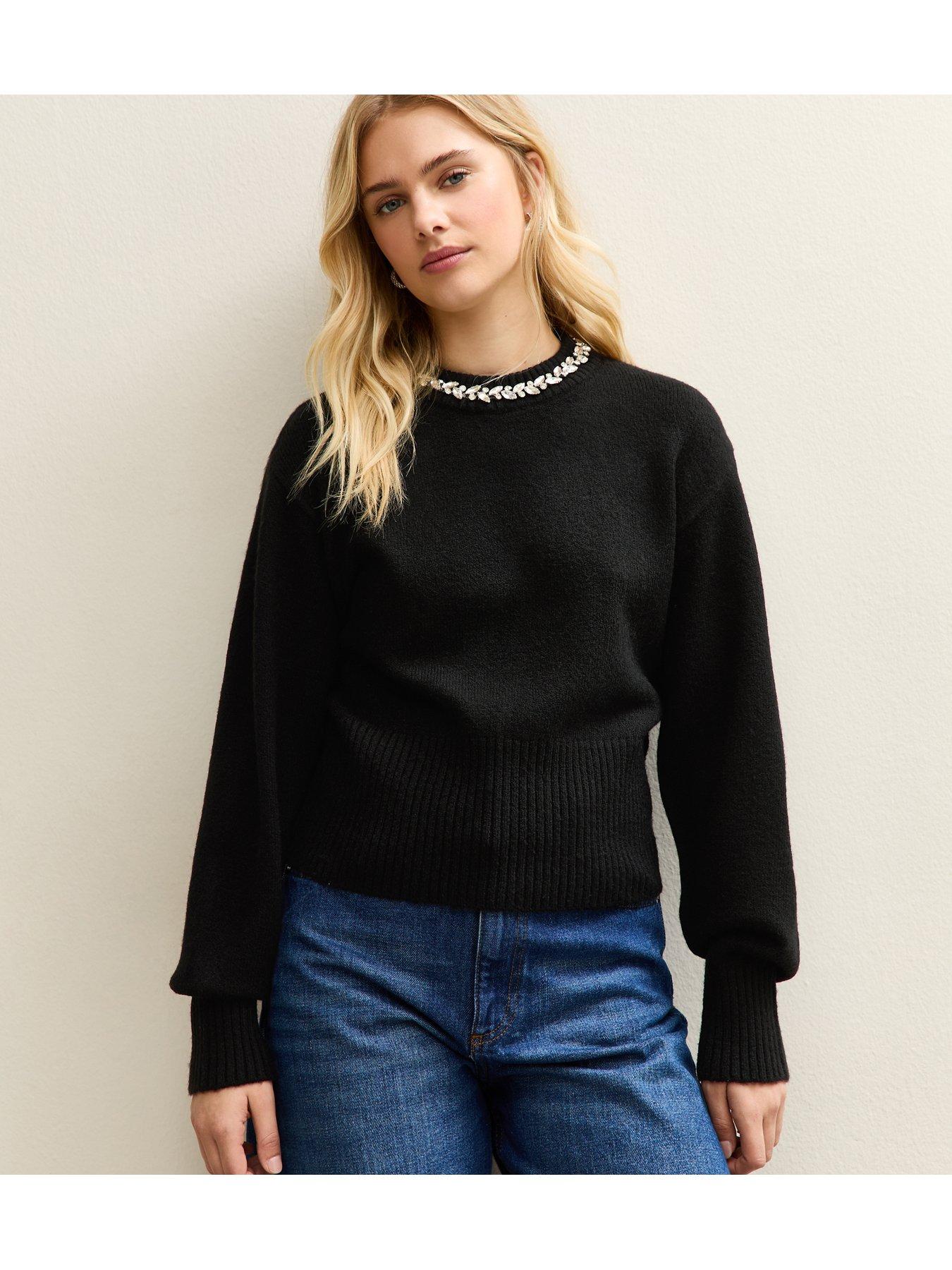 front image of new-look-black-embellished-necklace-jumper
