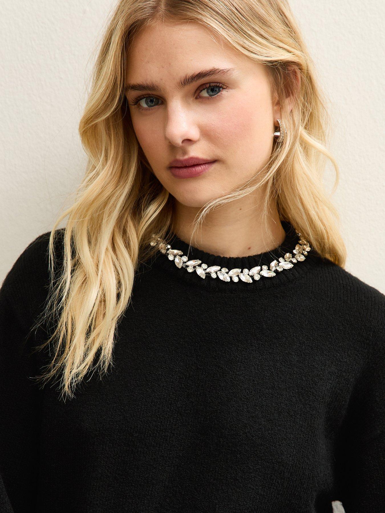  image of new-look-black-embellished-necklace-jumper