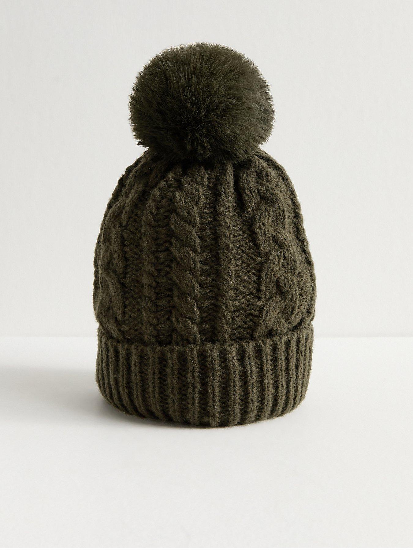New Look Khaki Cable Knit Faux Fur Pom Bobble Beanie