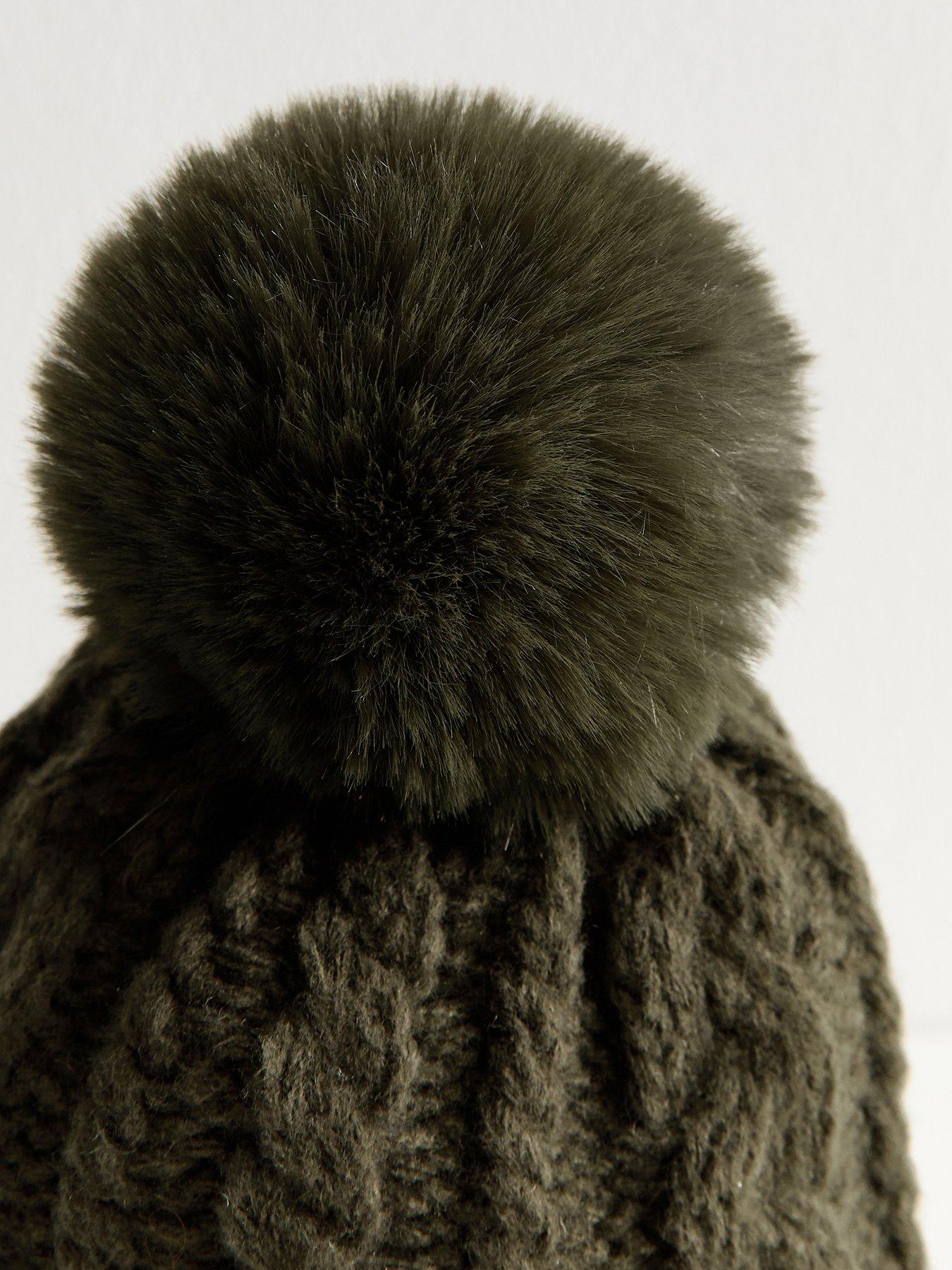  image of new-look-khaki-cable-knit-faux-fur-pom-bobble-beanie