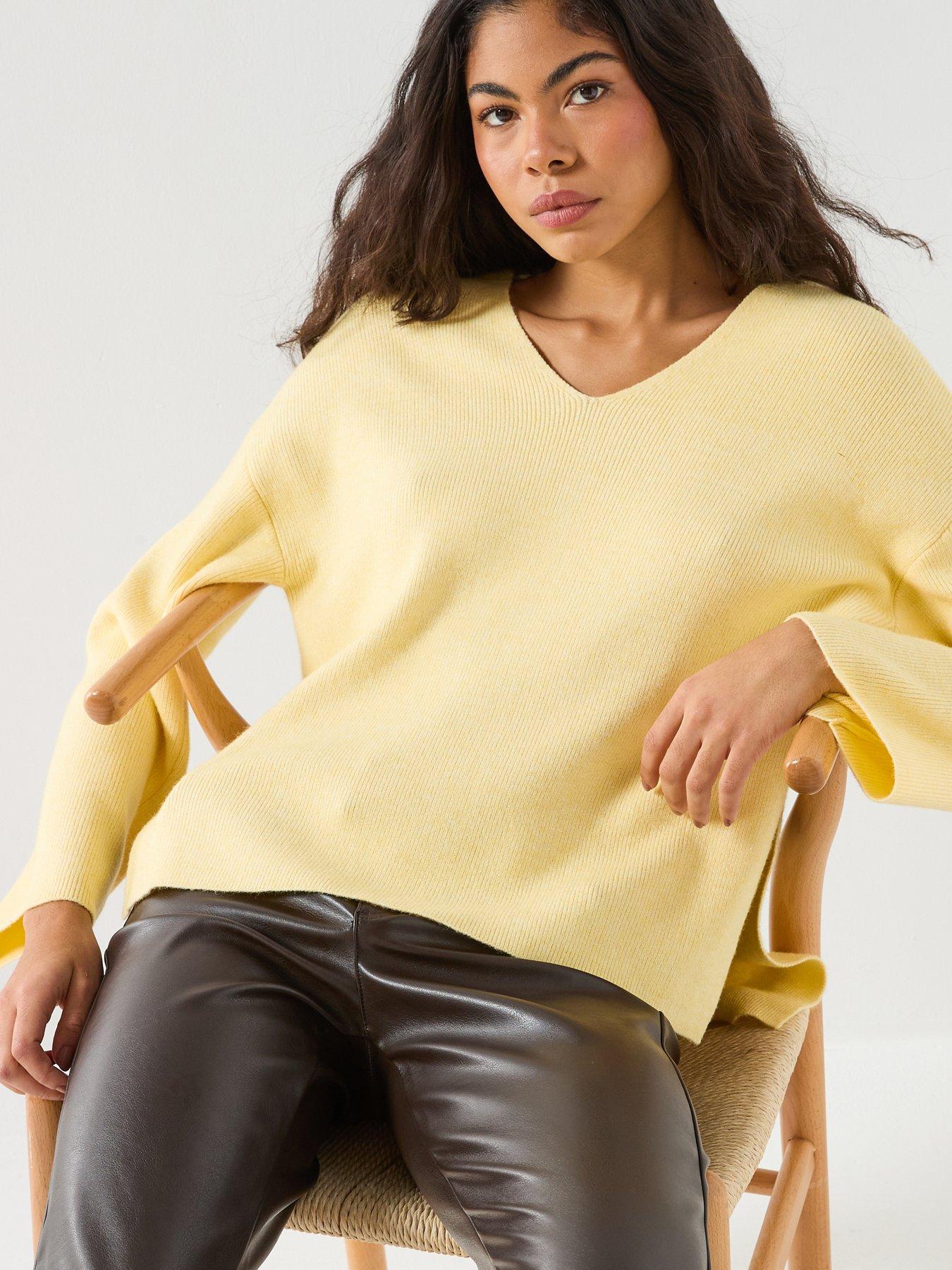  image of only-long-sleeve-ribbed-v-neck-jumper-yellow