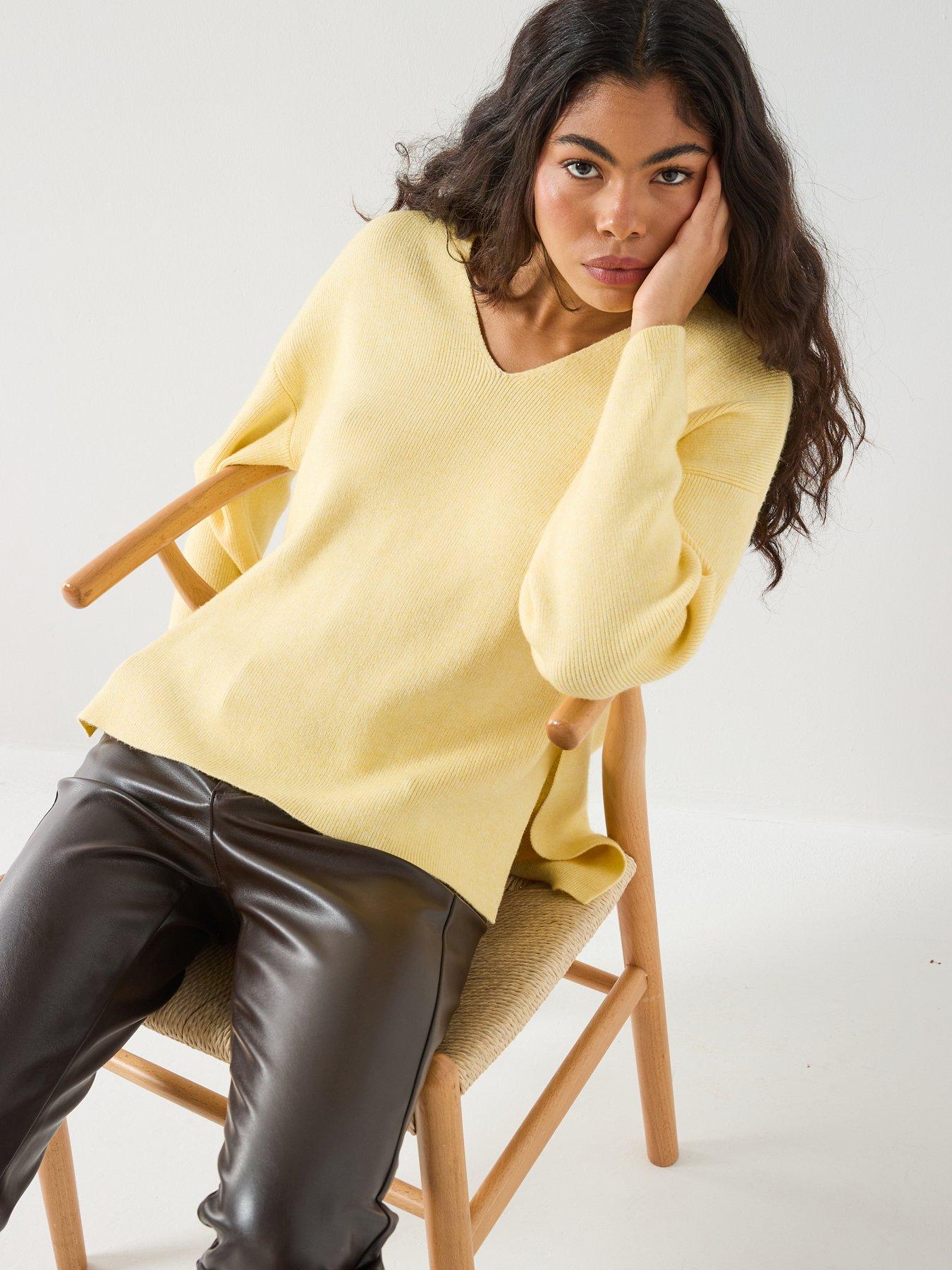  image of only-long-sleeve-ribbed-v-neck-jumper-yellow