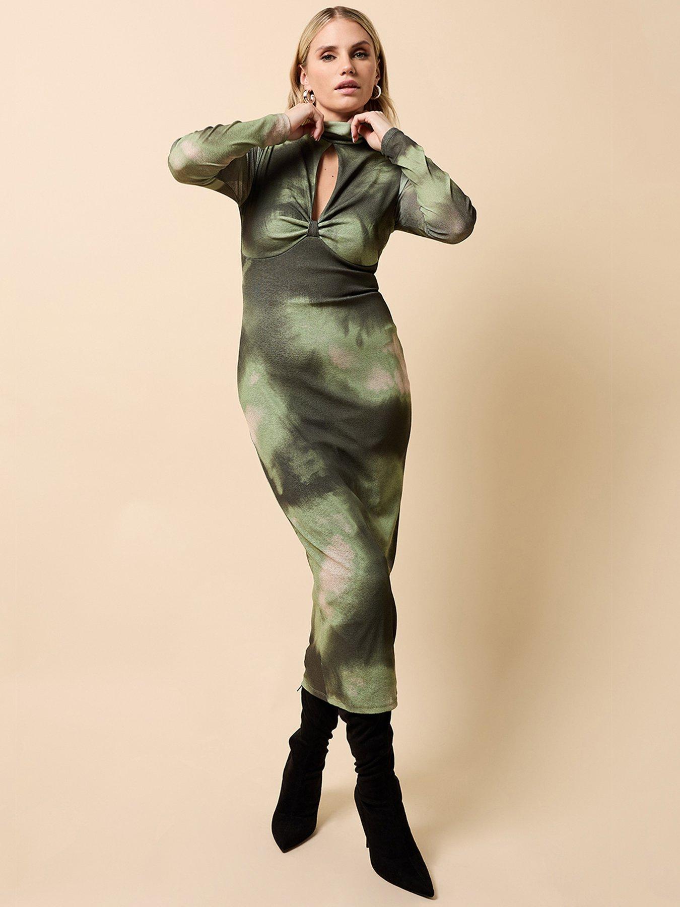 undefined Khaki Print Keyhole Midaxi Dress - Green