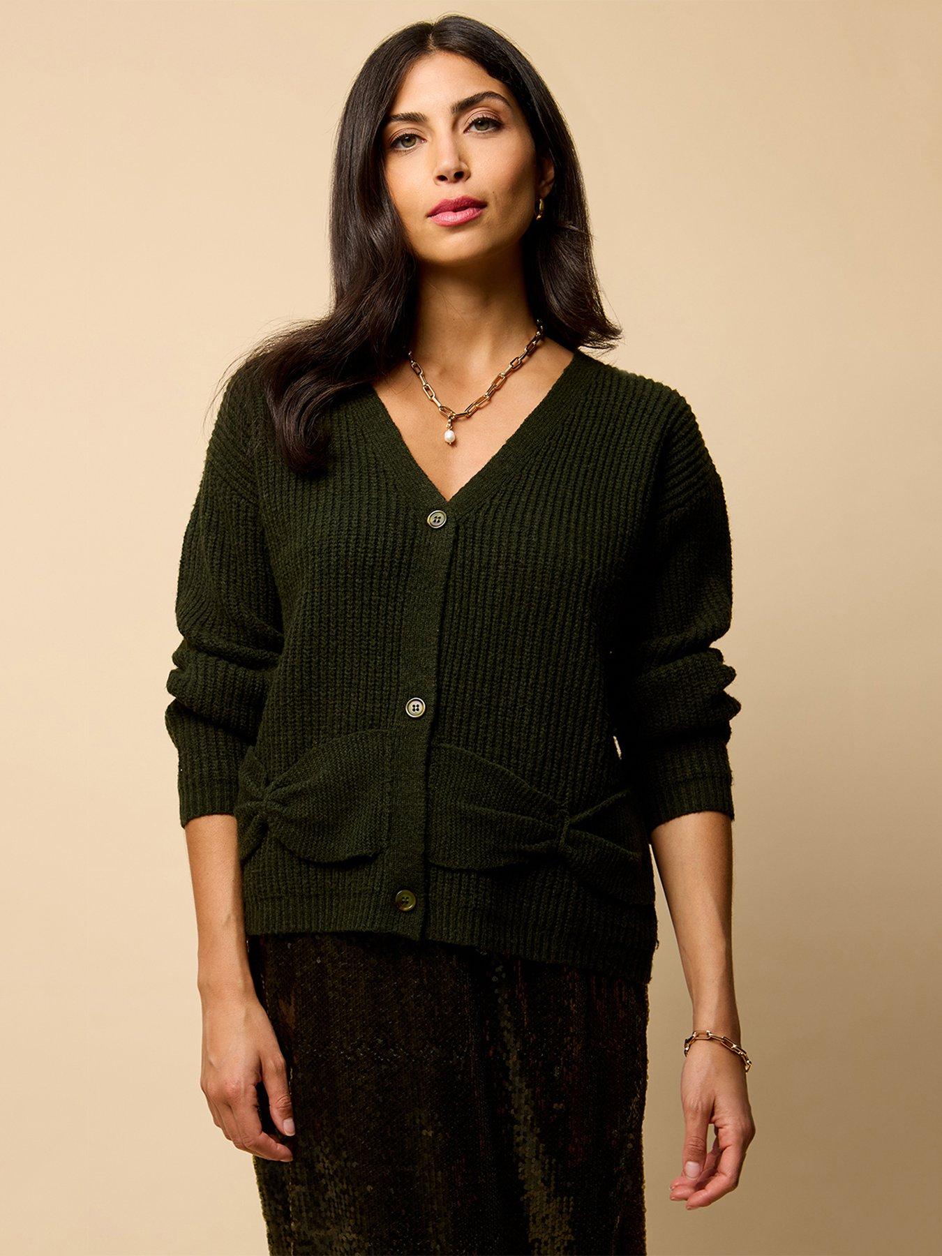 undefined Bow Pocket Detail Cardigan - Khaki Green