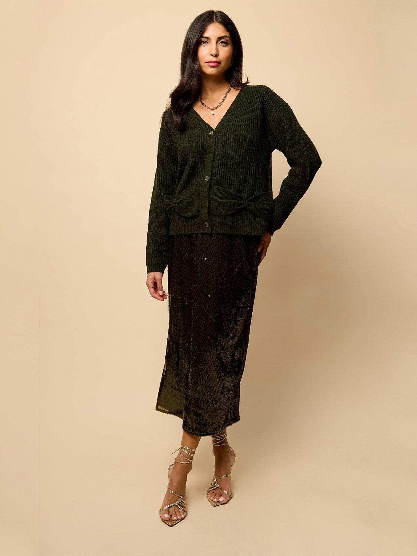 Image 3 of 4 of Little Mistress Bow Pocket Detail Cardigan - Khaki Green