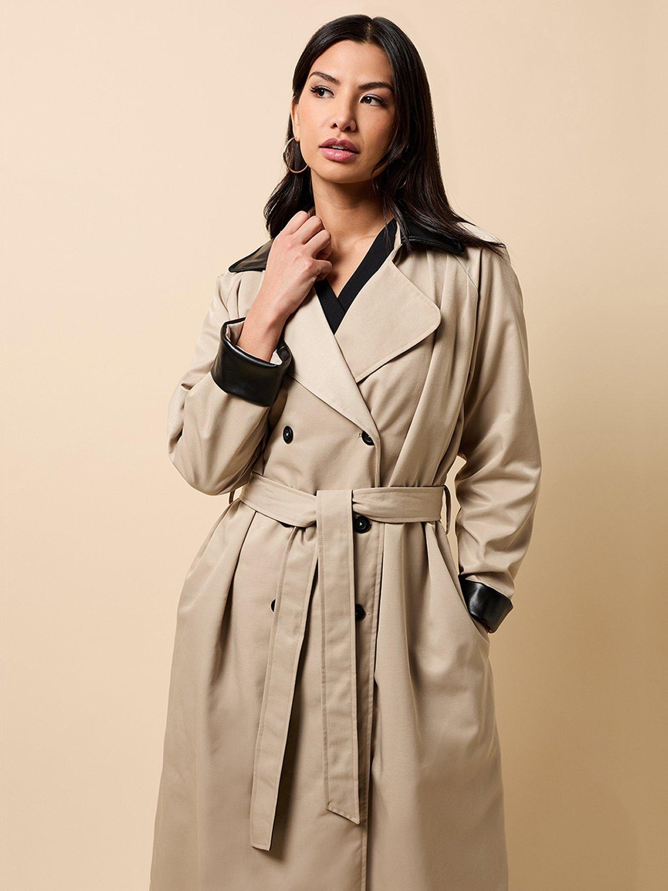 undefined Camel PU Contrast Trim Trench Coat - Brown
