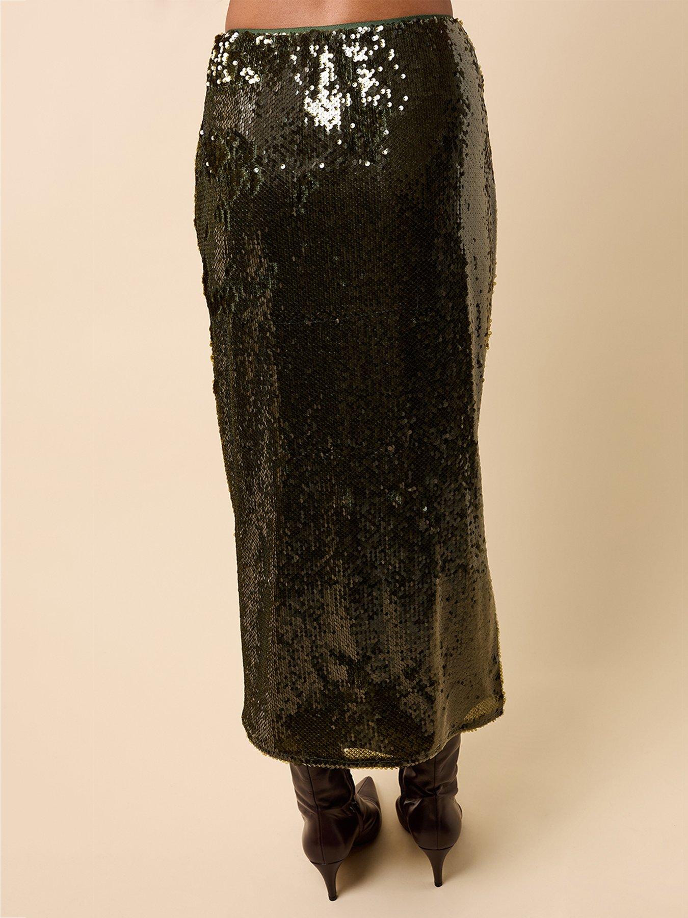Image 2 of 6 of Little Mistress Khaki Sequin Midaxi Skirt - Green