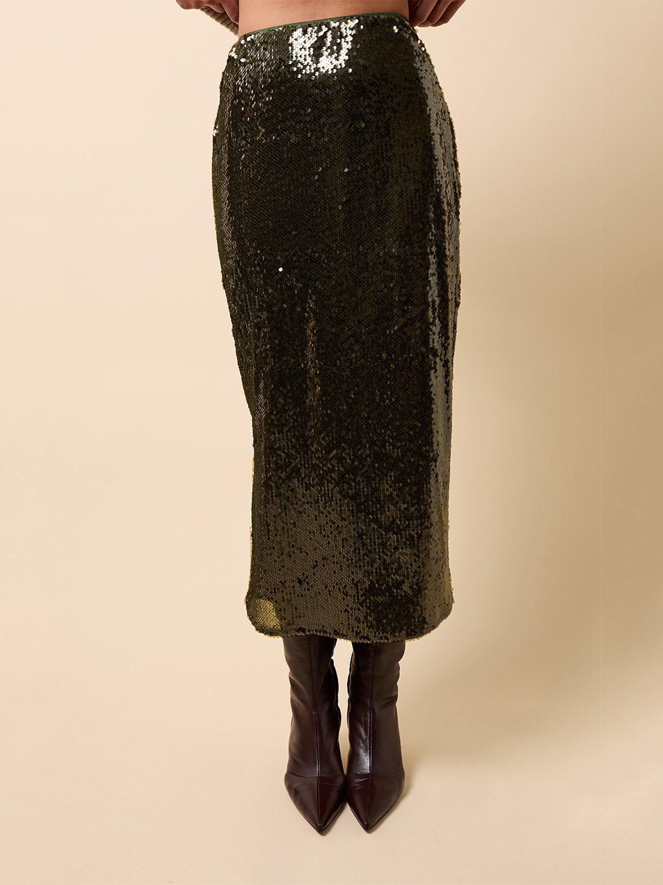 Image 3 of 6 of Little Mistress Khaki Sequin Midaxi Skirt - Green