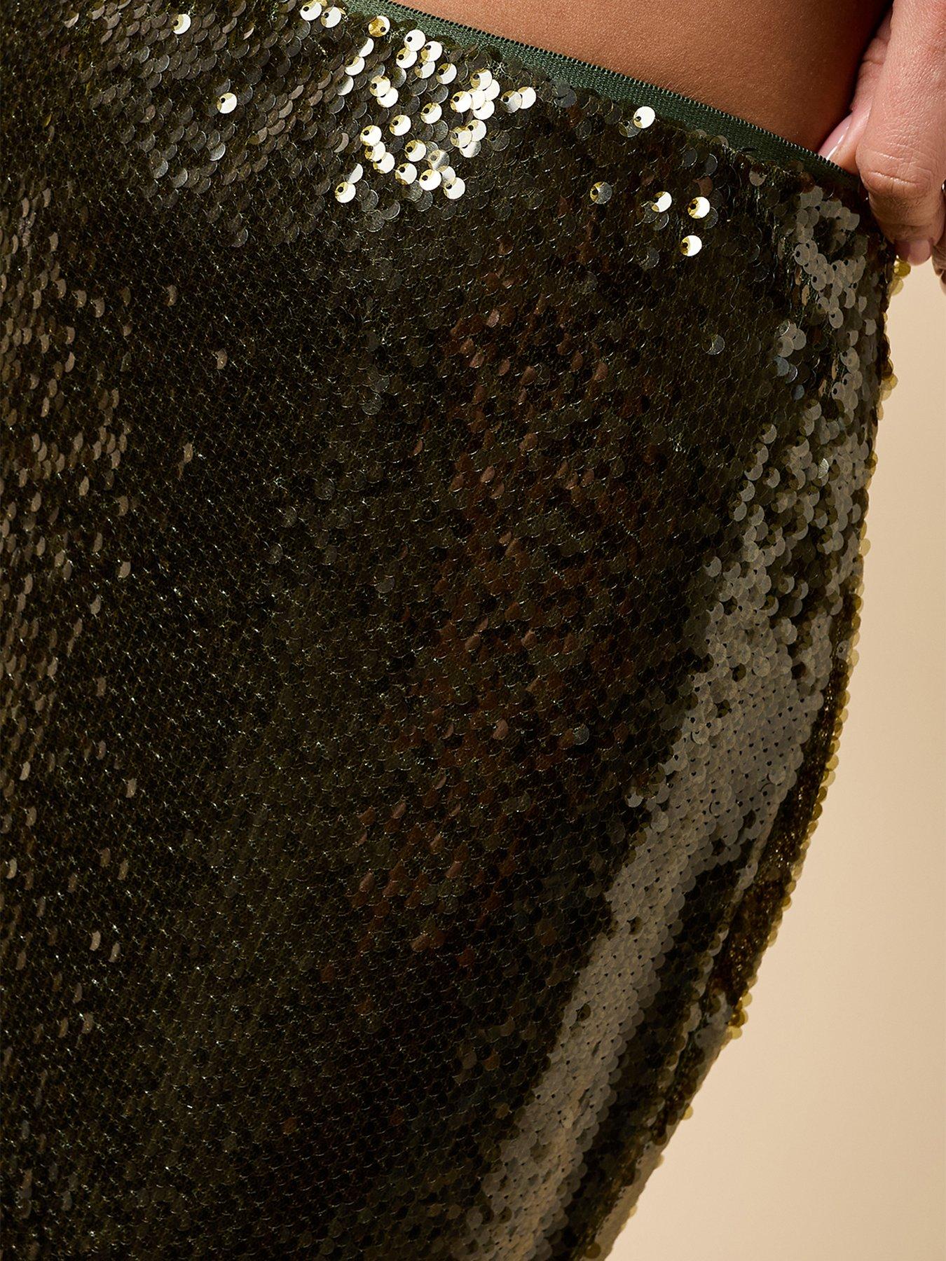 Image 4 of 6 of Little Mistress Khaki Sequin Midaxi Skirt - Green
