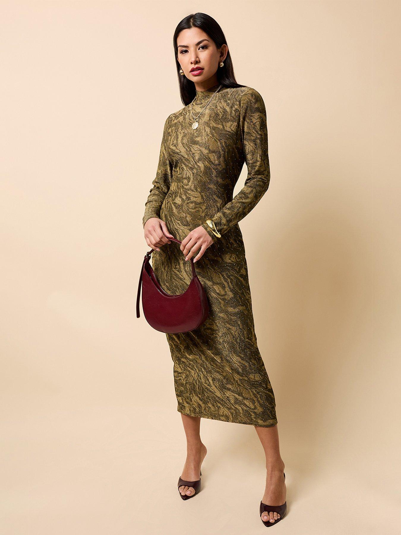 Image 1 of 4 of Little Mistress Gold Print Lurex Midaxi Dress