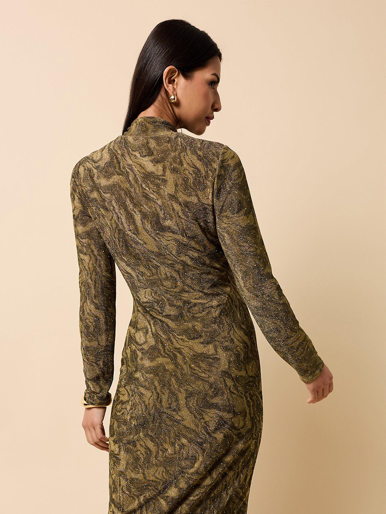 Image 2 of 4 of Little Mistress Gold Print Lurex Midaxi Dress