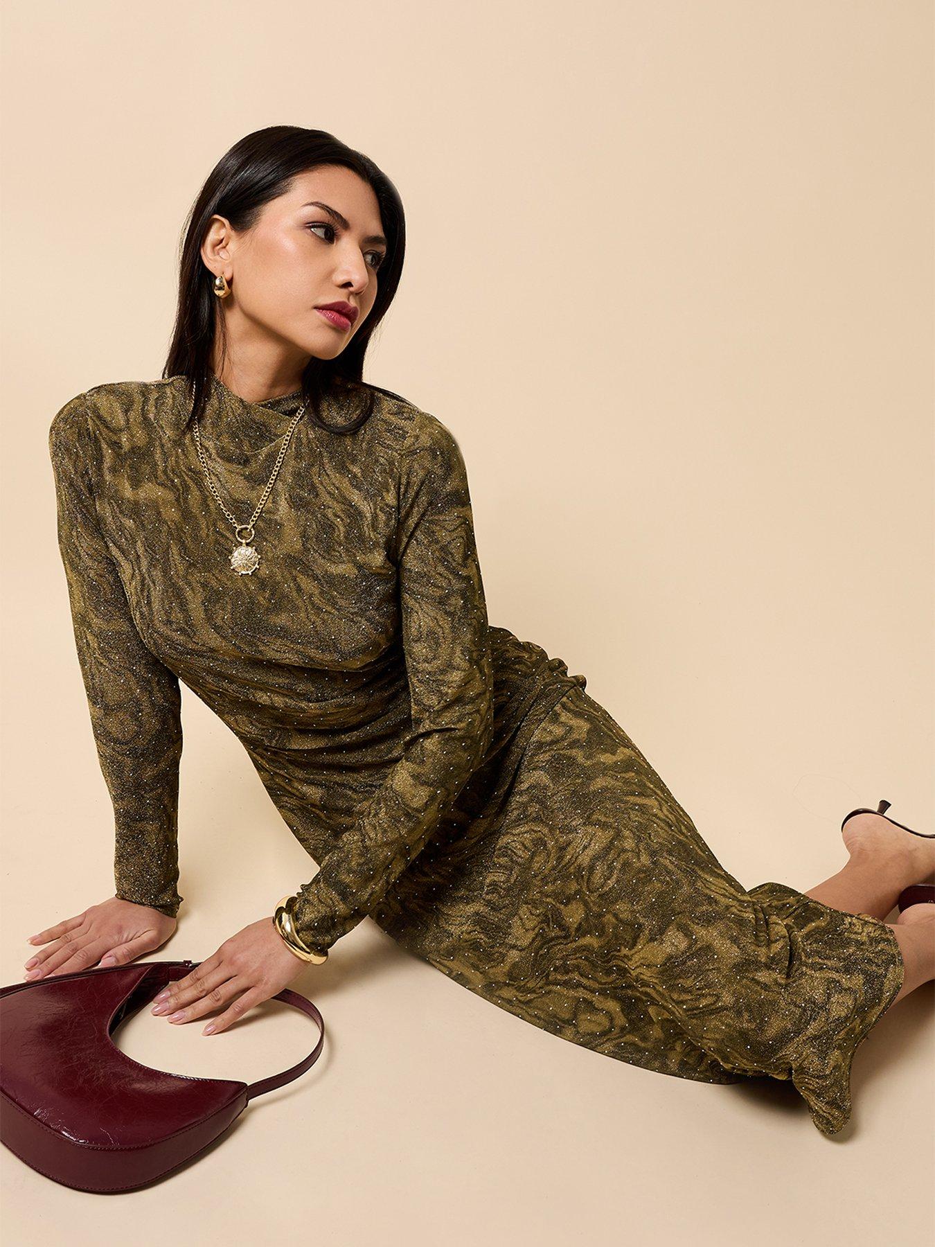 Image 3 of 4 of Little Mistress Gold Print Lurex Midaxi Dress