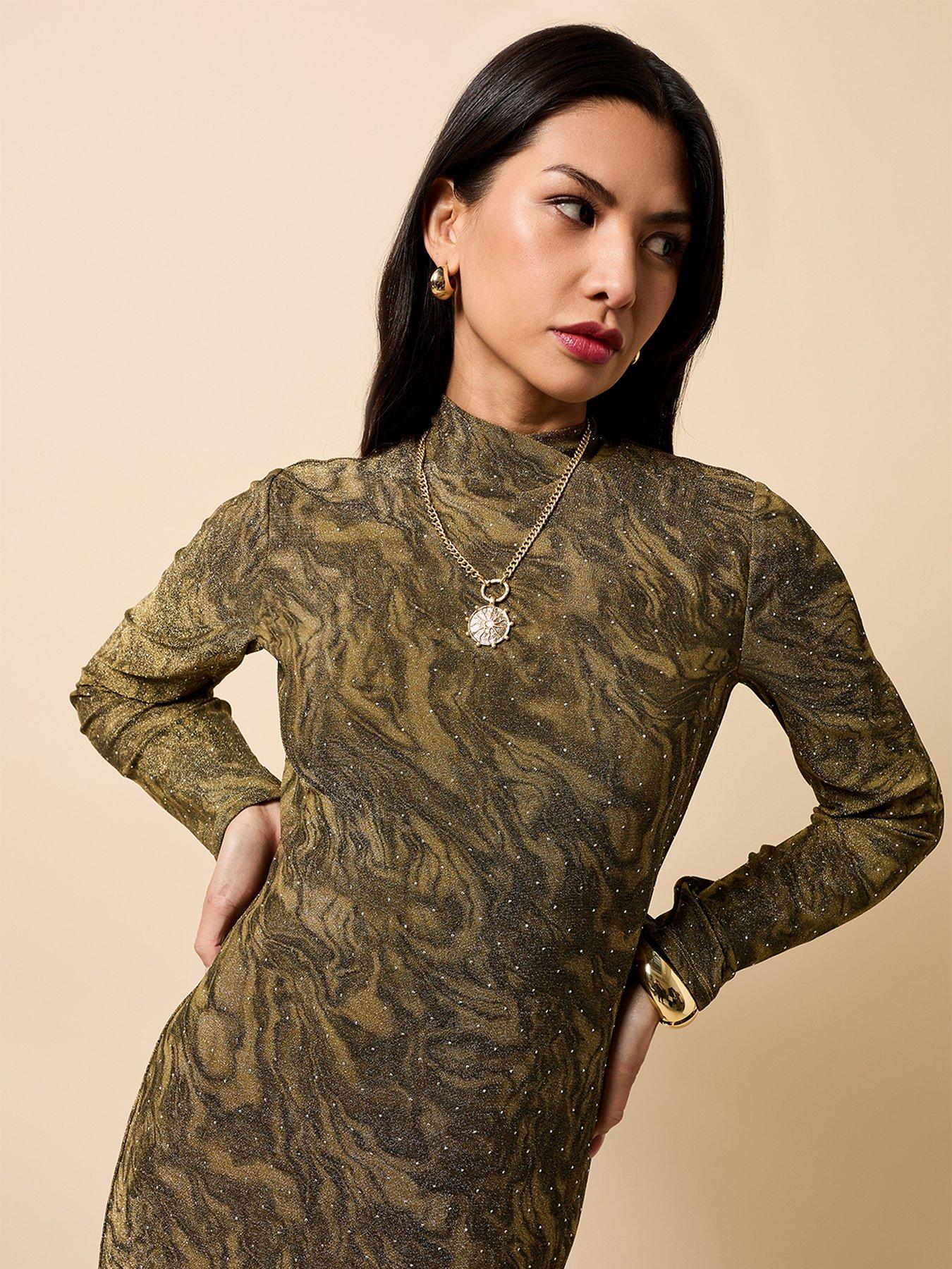 Image 4 of 4 of Little Mistress Gold Print Lurex Midaxi Dress