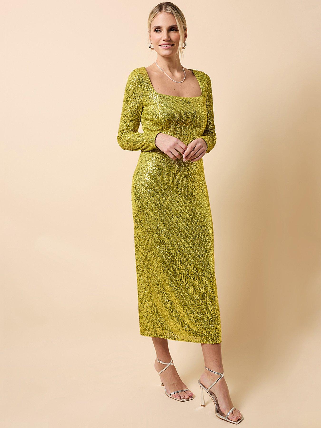 Little Mistress Lime Sequin Square Neck Midaxi Dress