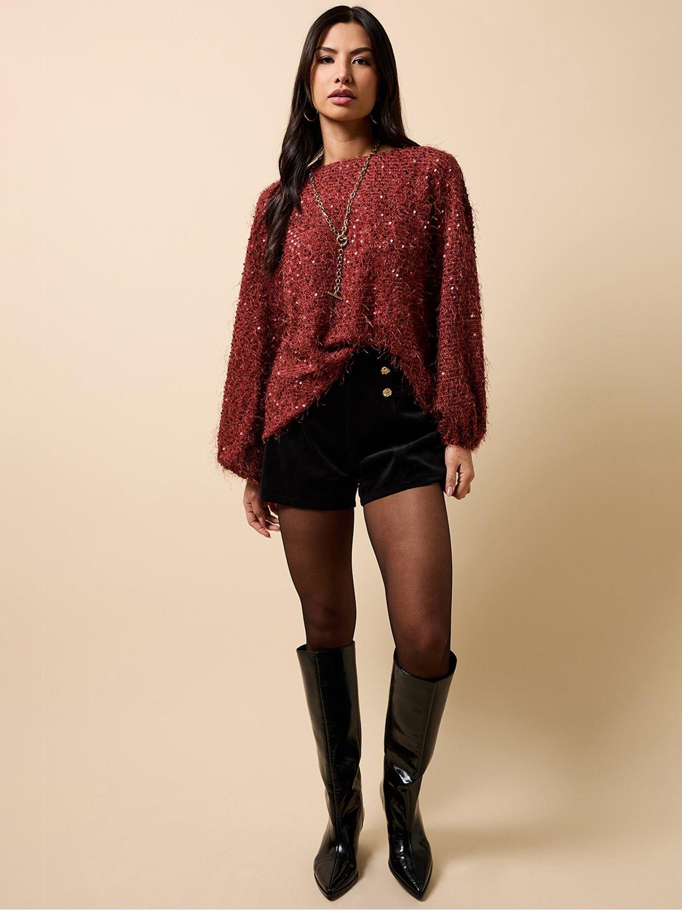 Little Mistress Velvet Button Detail Shorts - Black