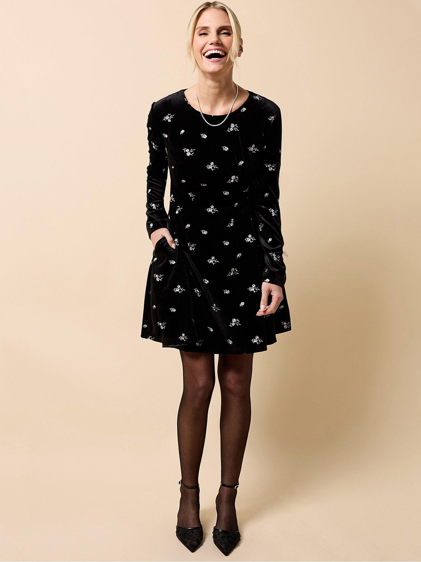 Image 1 of 5 of Little Mistress Velvet Embroidered Mini Dress - Black