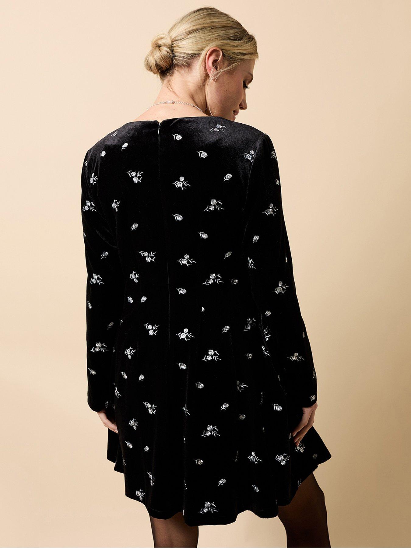 Image 2 of 5 of Little Mistress Velvet Embroidered Mini Dress - Black