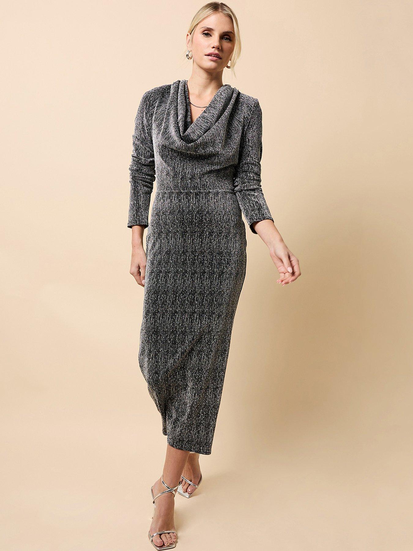 Little Mistress Black And Silver Cowl Neck Midaxi Dress