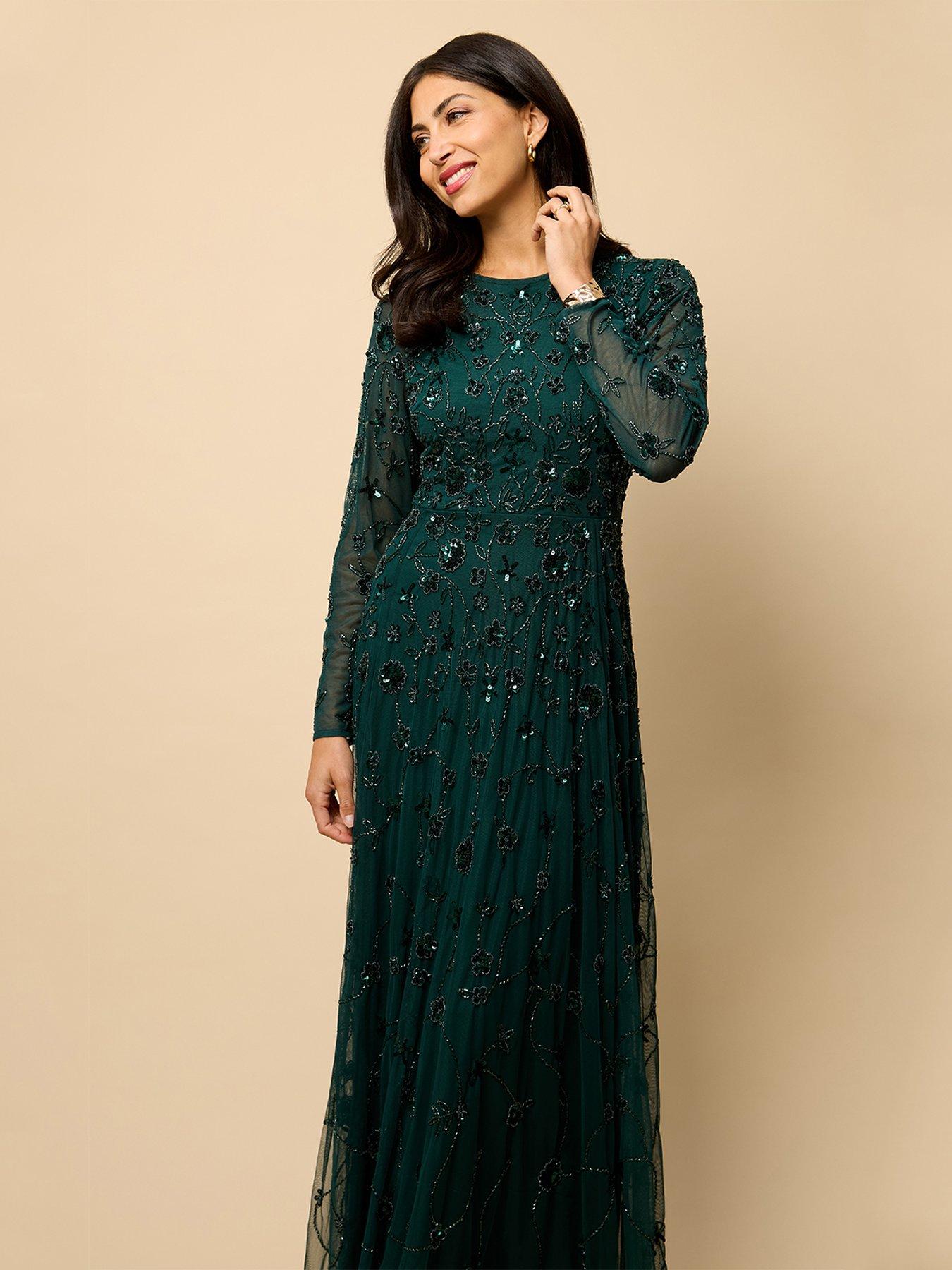 Image 3 of 4 of Little Mistress Teal Long Sleeve Embellished Maxi Dress - Teal