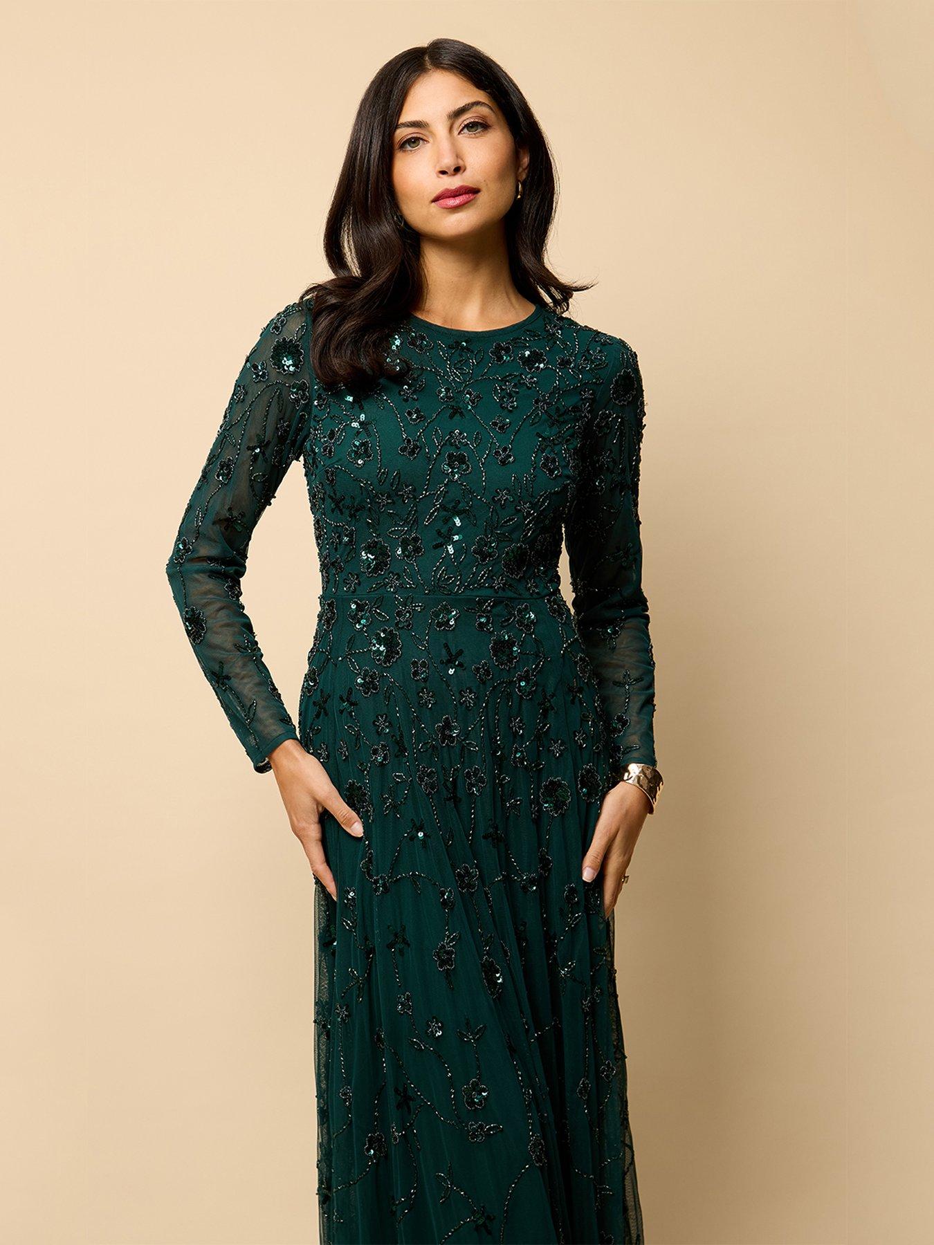 Image 4 of 4 of Little Mistress Teal Long Sleeve Embellished Maxi Dress - Teal