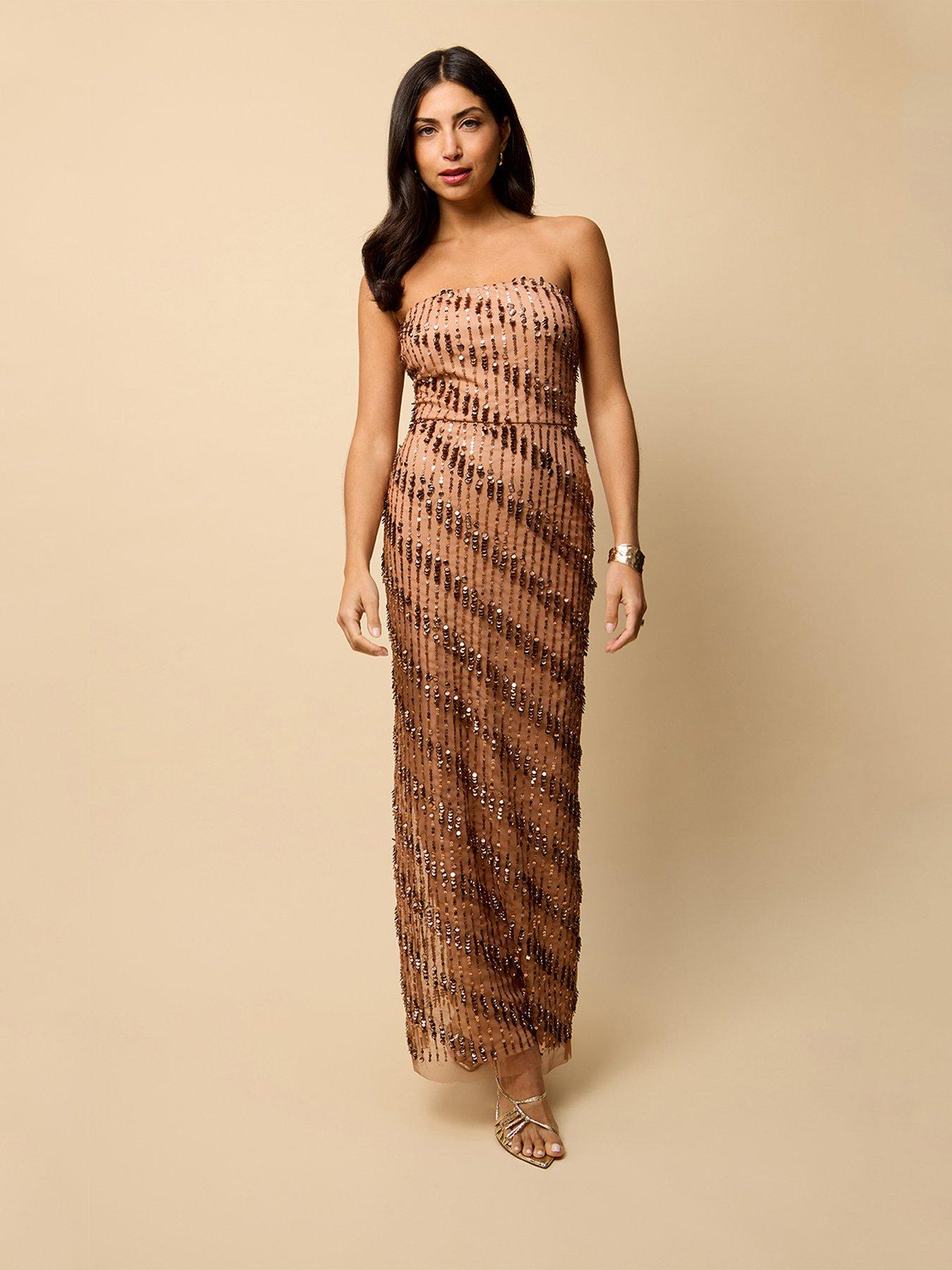 Image 1 of 4 of Little Mistress Margaux Bandeau Embellished Maxi Dress - Gold
