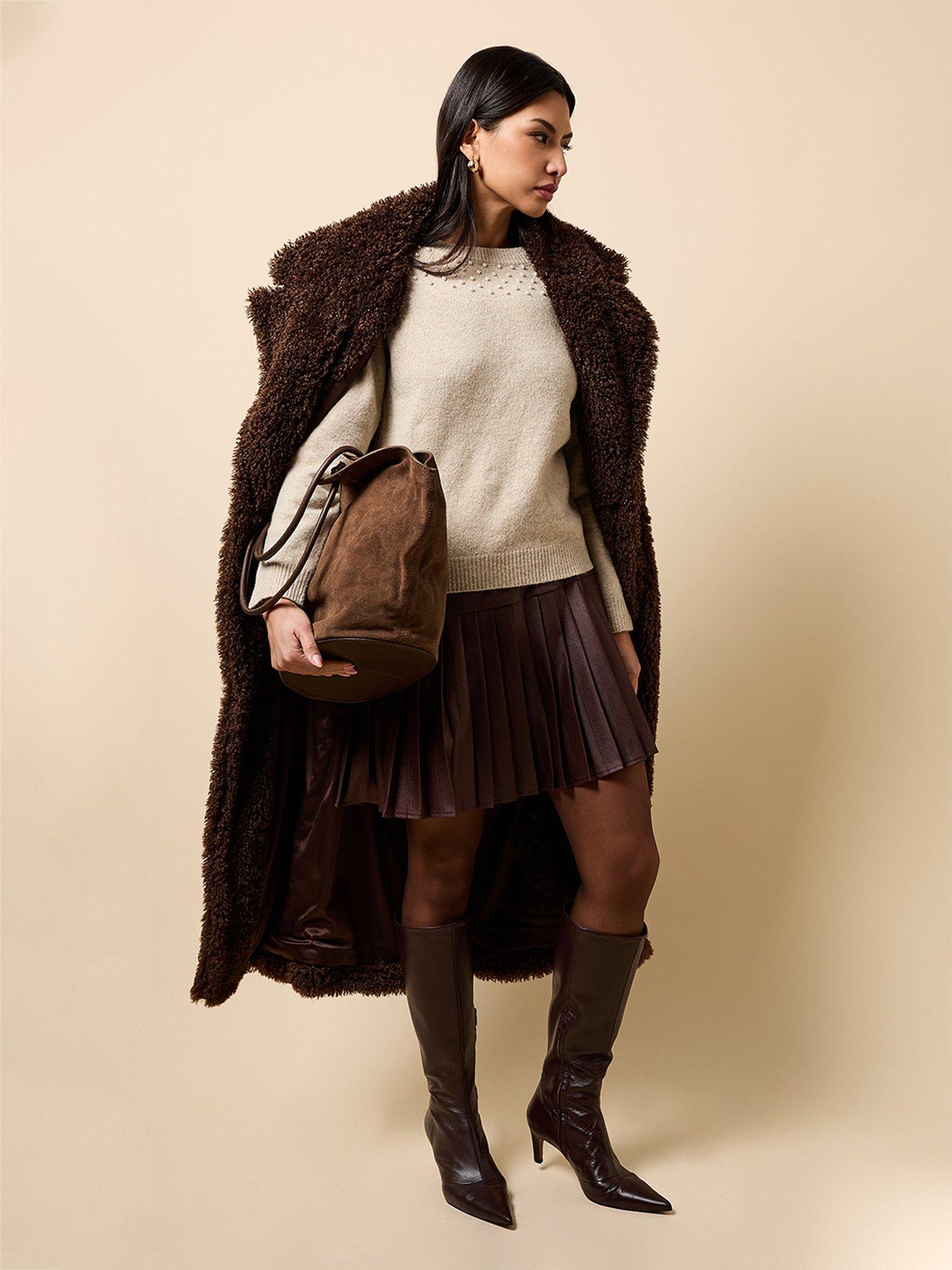 Image 5 of 5 of Little Mistress Pleated Mini Skirt - Chocolate Brown