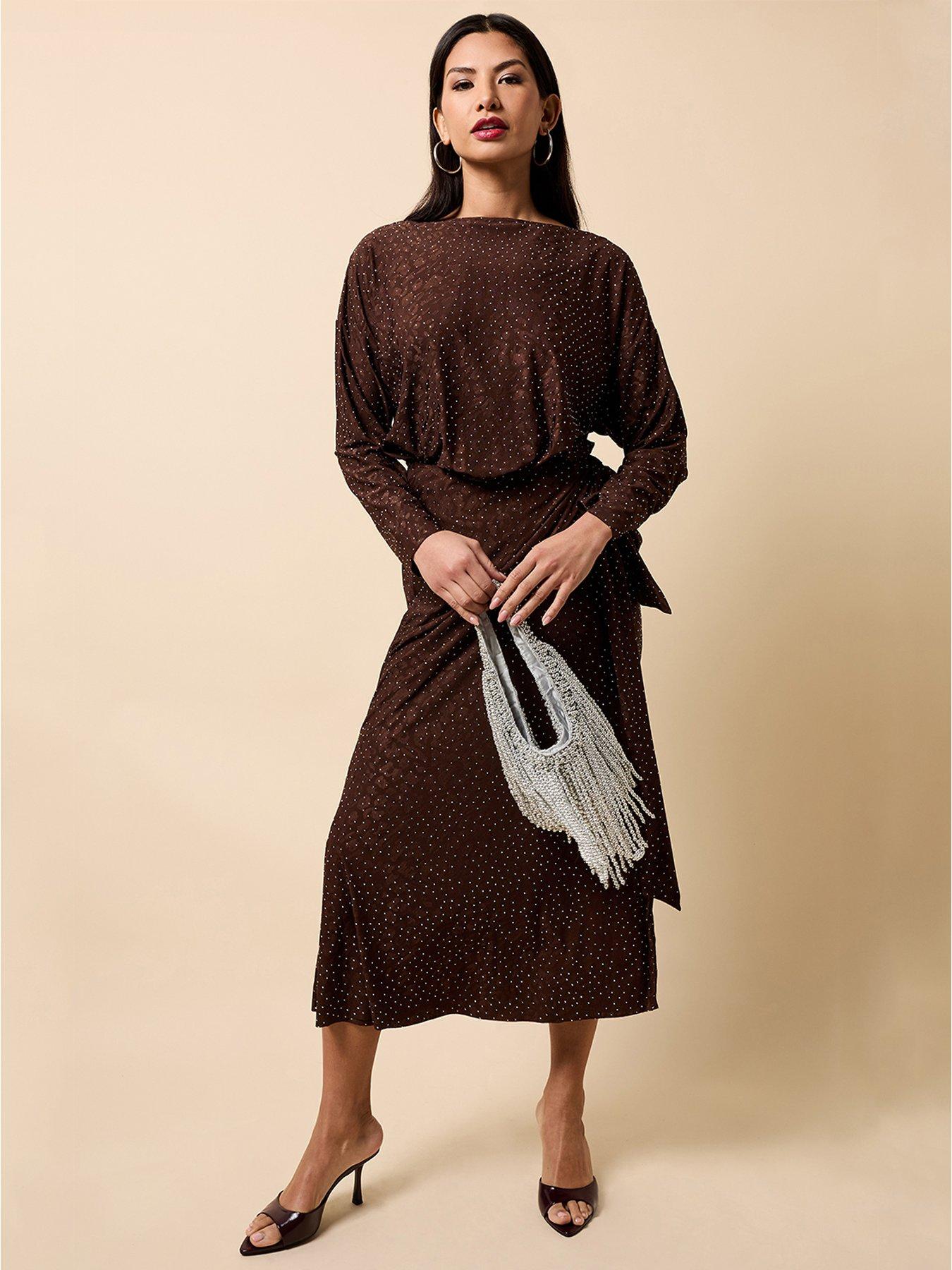 Image 1 of 4 of Little Mistress Chocolate Animal Texture Gem Wrap Midaxi Dress - Brown