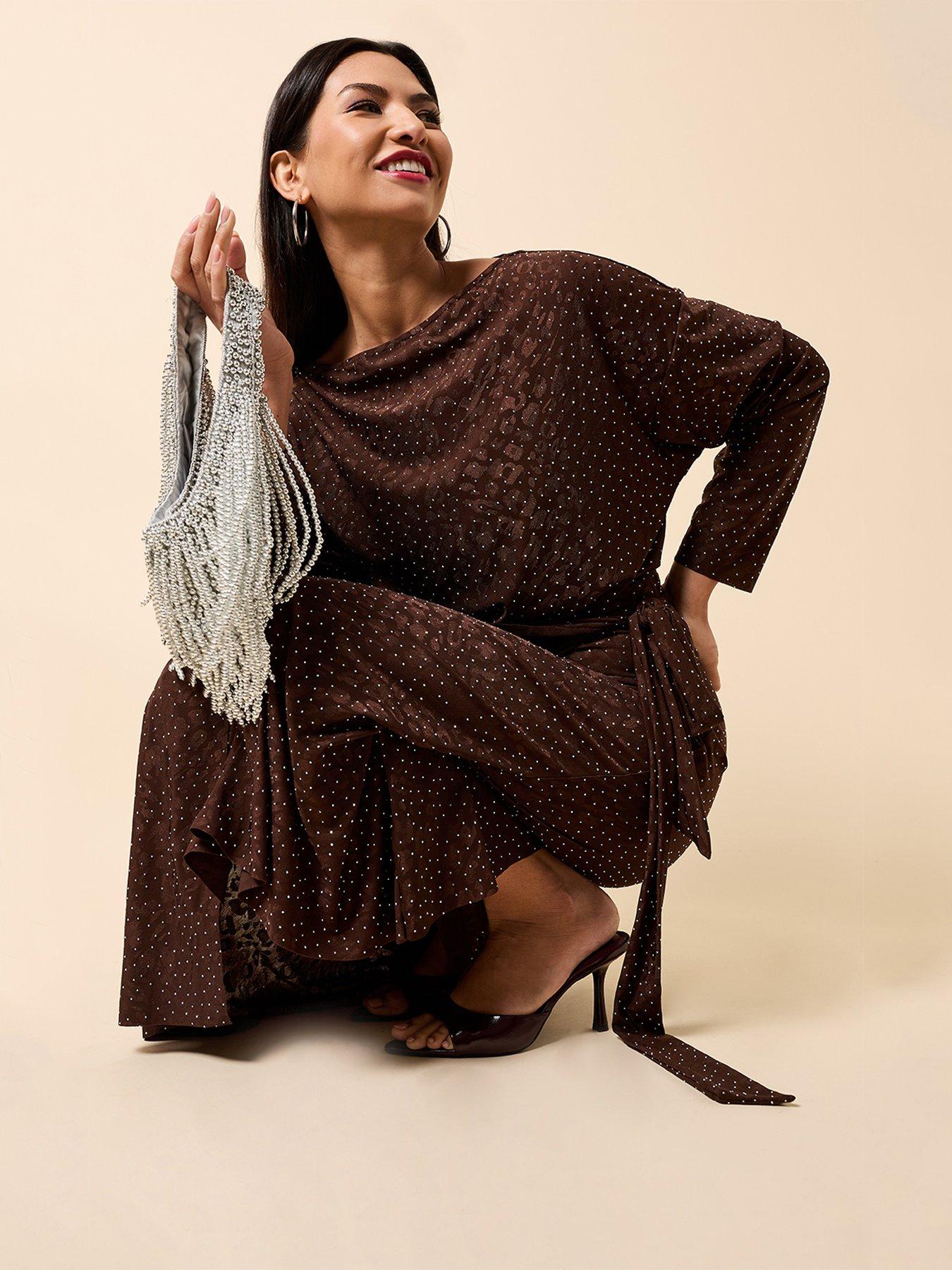 Image 3 of 4 of Little Mistress Chocolate Animal Texture Gem Wrap Midaxi Dress - Brown