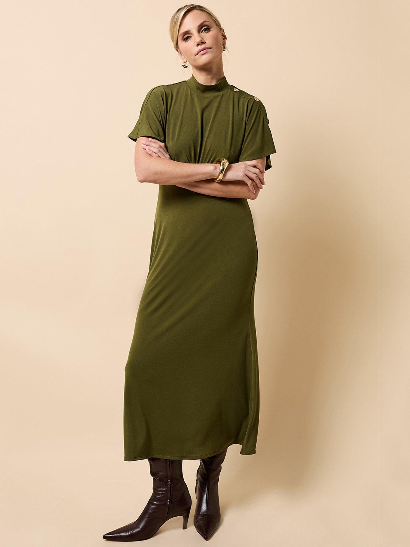 undefined Khaki Button Detail Midaxi Dress - Green