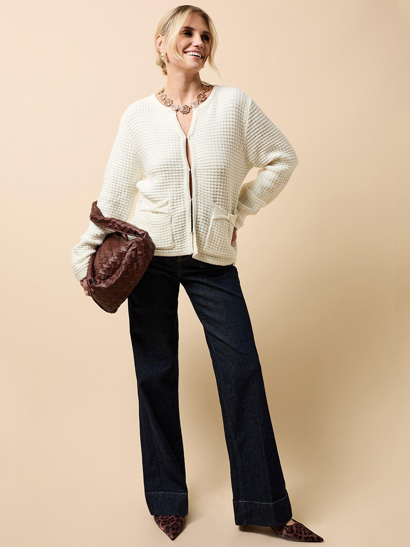 undefined Knitted Bow Pocket Detail Cardigan - Cream