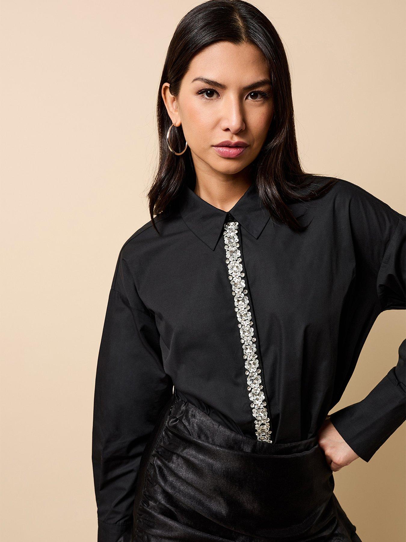 Image 1 of 5 of Little Mistress Embellished Trim Detail Shirt - Black