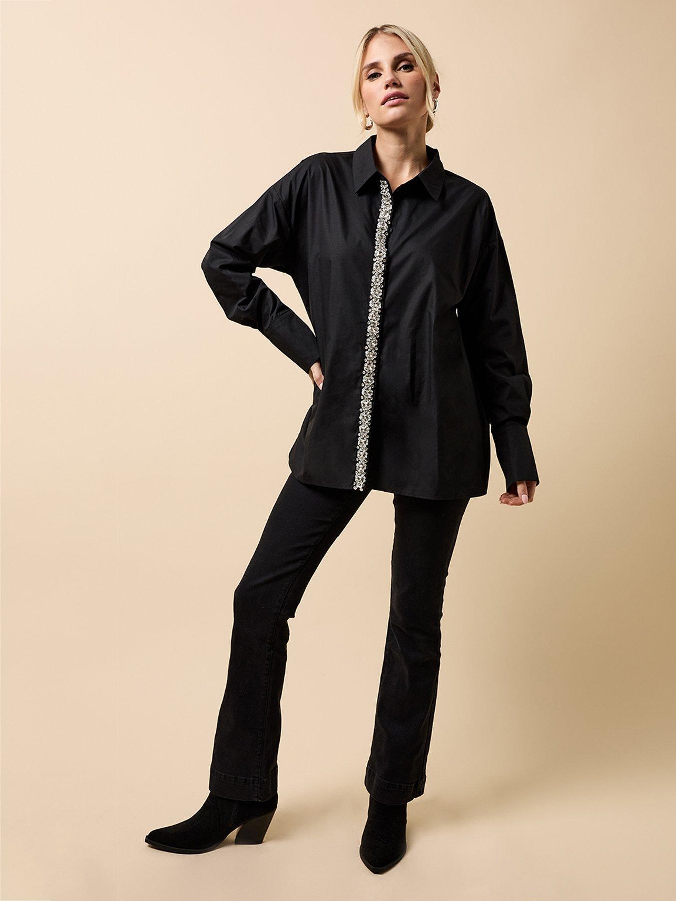 Image 5 of 5 of Little Mistress Embellished Trim Detail Shirt - Black
