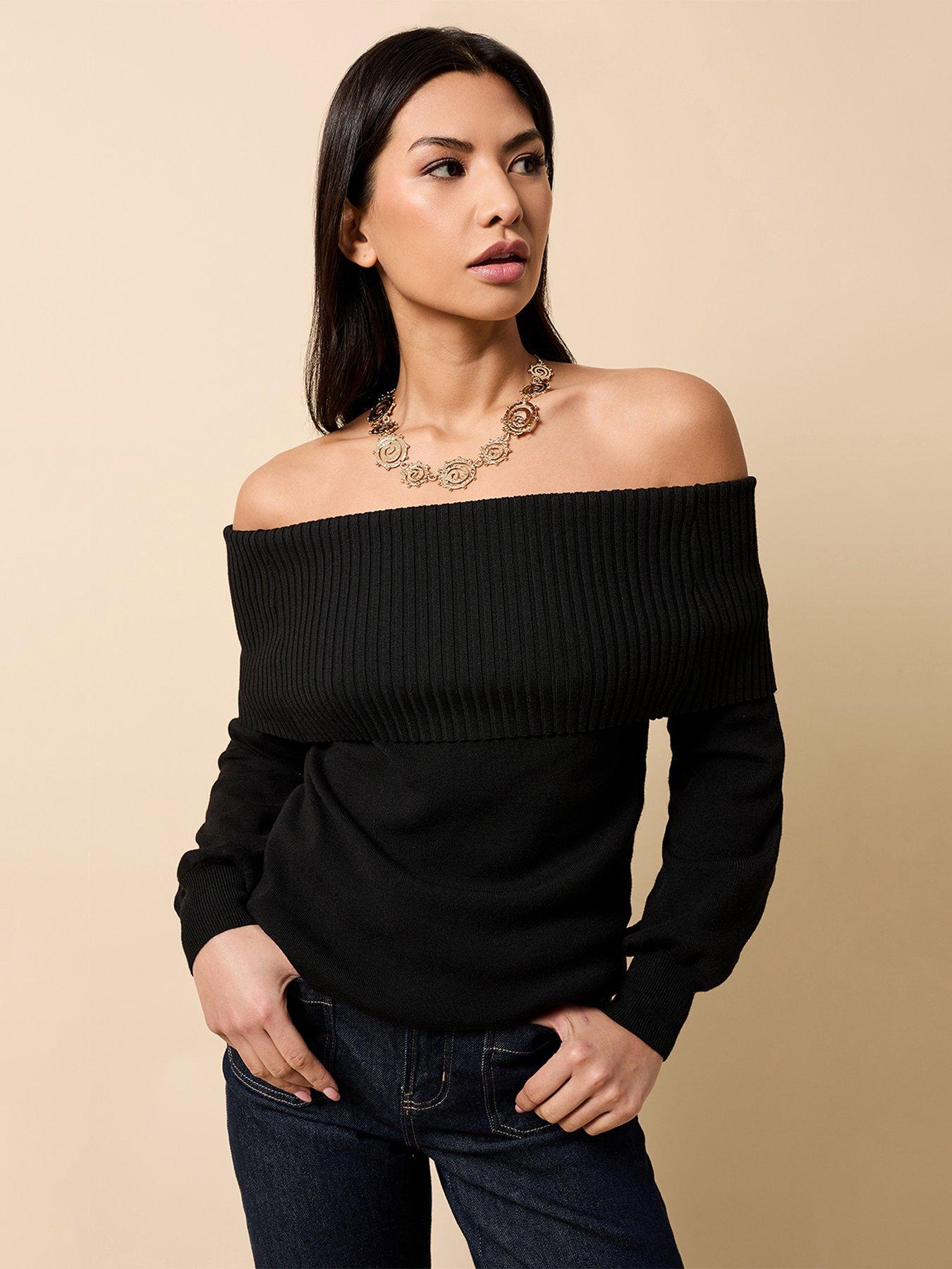 undefined Knitted Bardot Jumper - Black