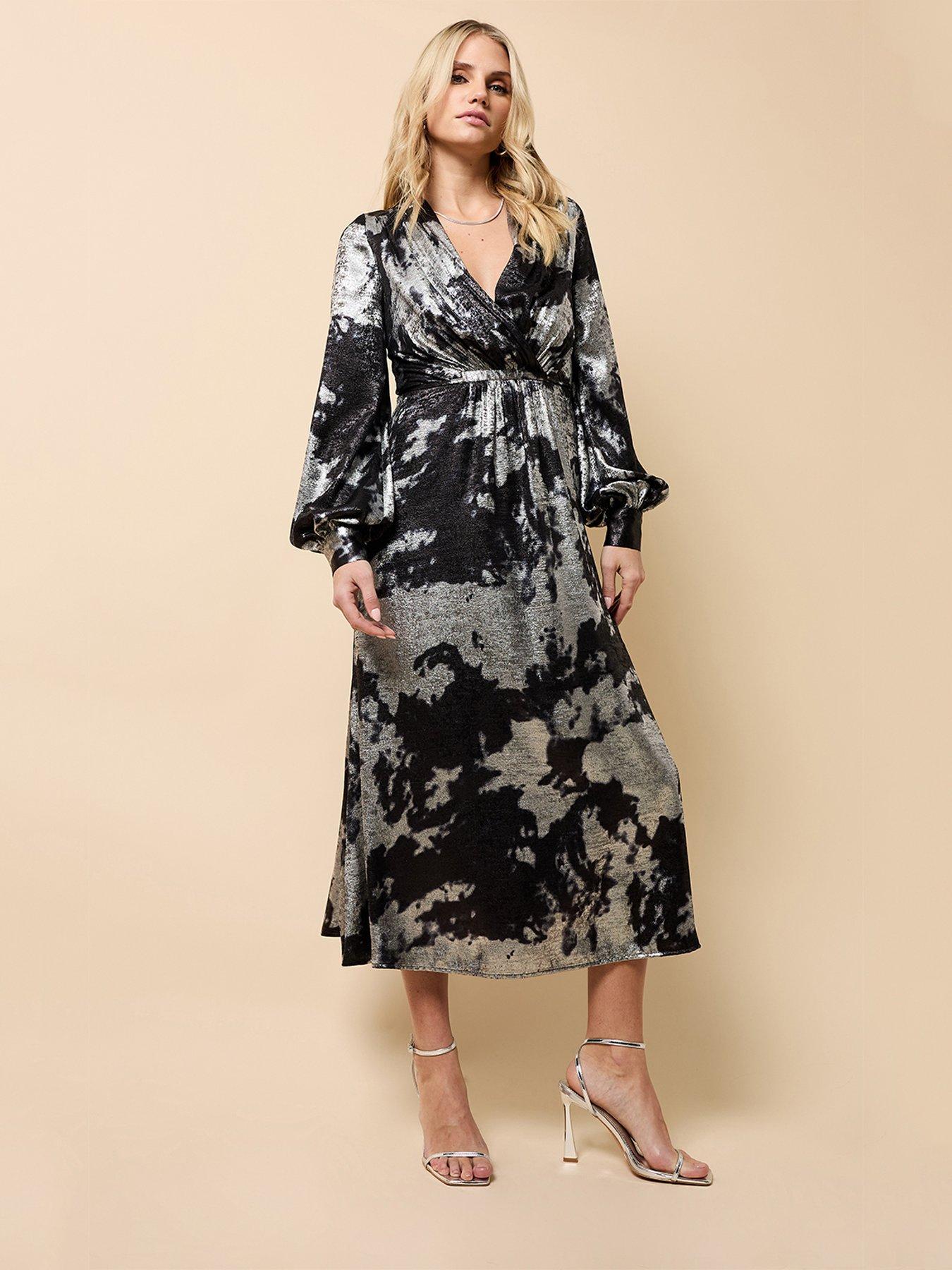 Little Mistress Silver Foil Midaxi Dress - Black