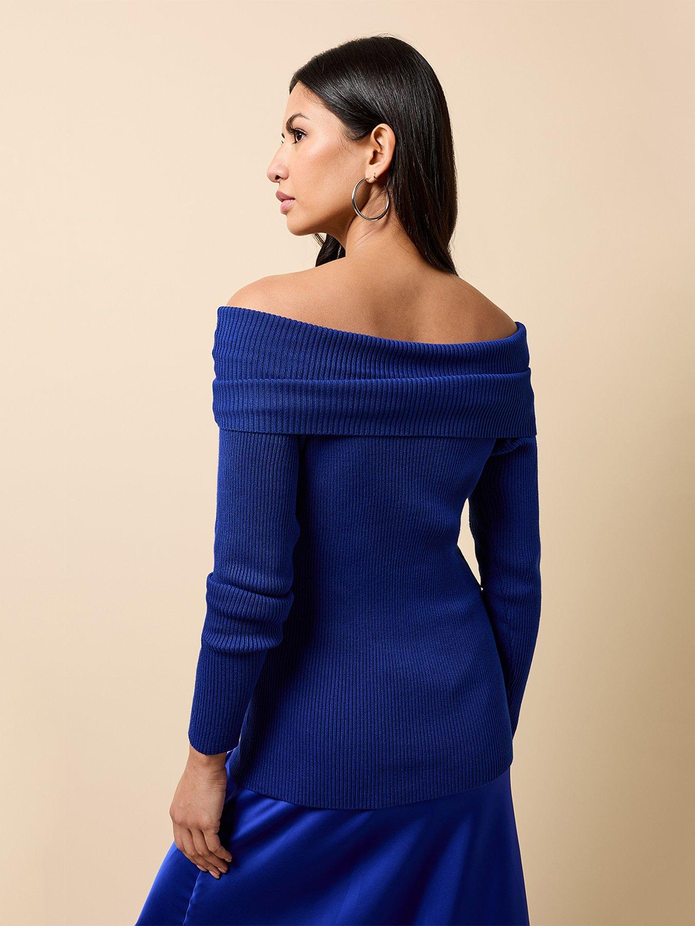 Image 2 of 6 of Little Mistress Knot Detail Bardot Jumper - Cobalt Blue