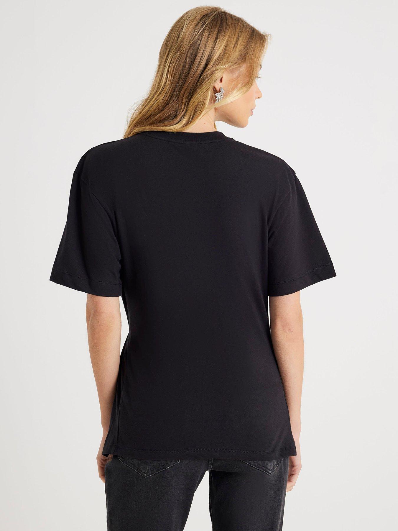 Image 2 of 4 of River Island Short Sleeve Diamante Floral Cinched T-Shirt - Black