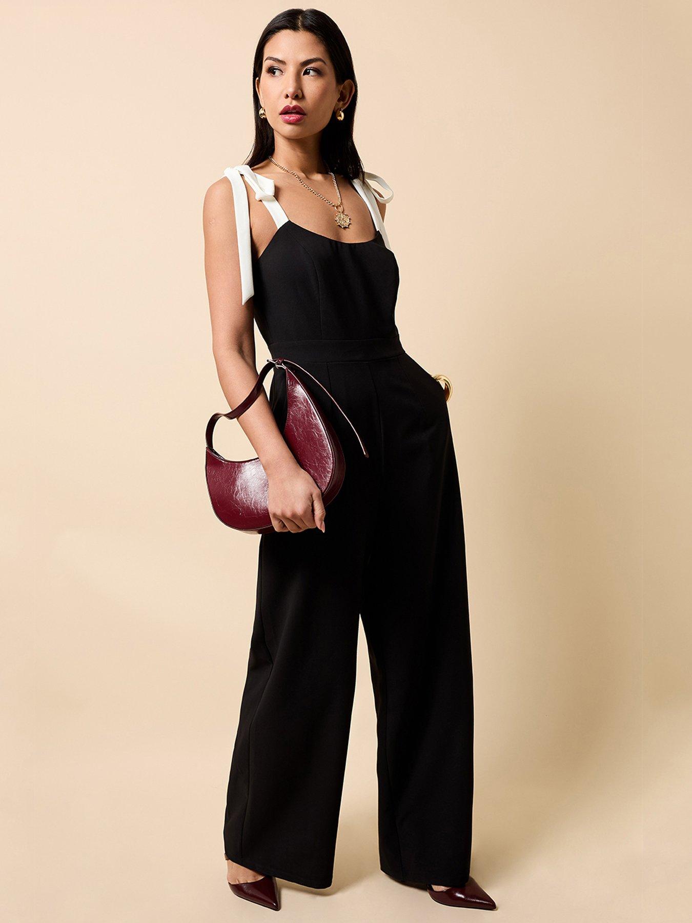 Little Mistress Contrast Shoulder Bow Jumpsuit - Black