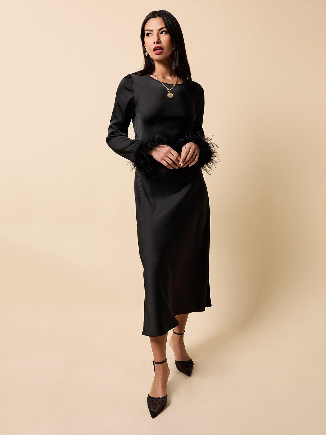 Little Mistress Black Satin Feather Trim Sleeve Midaxi Dress