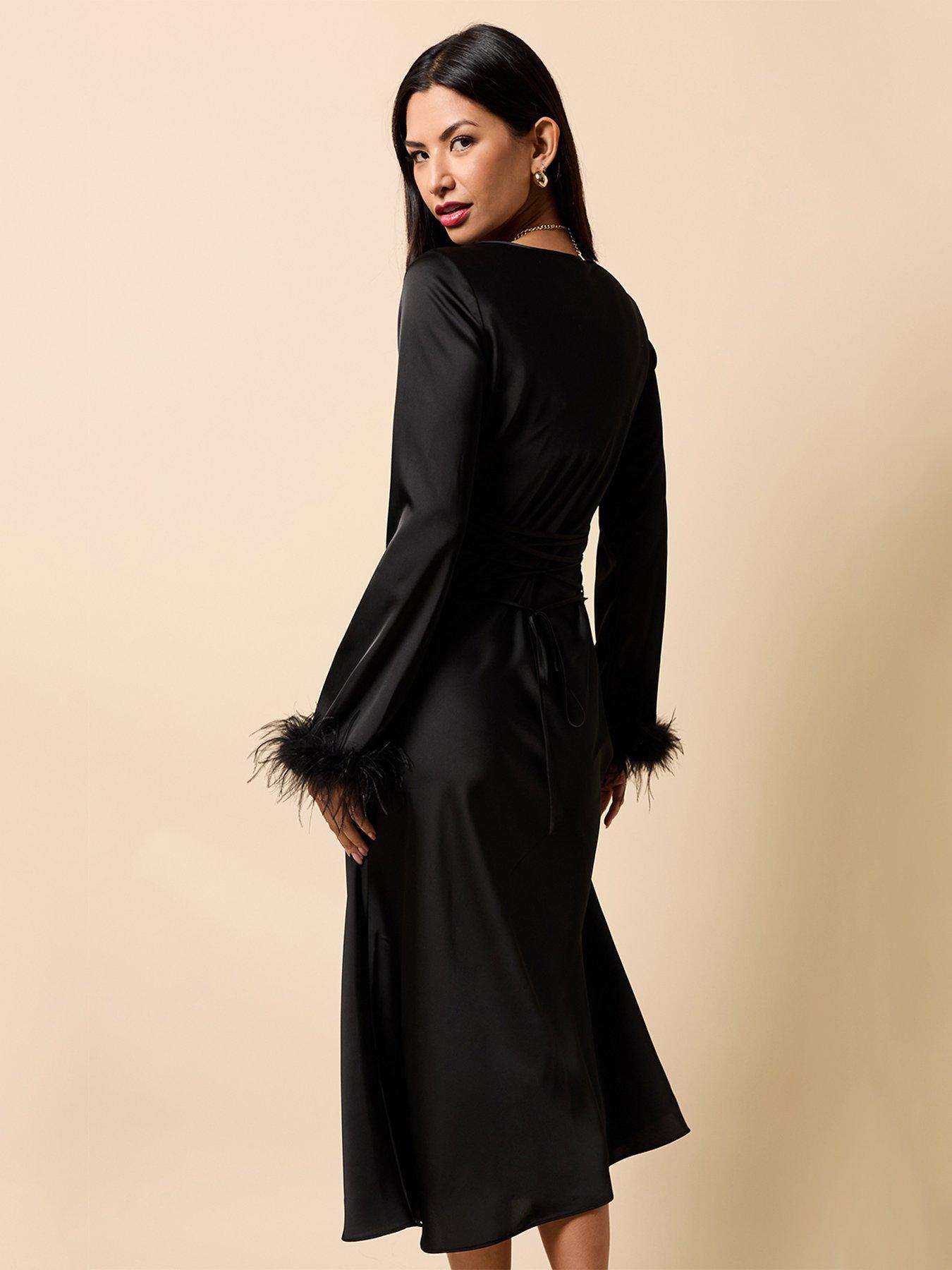 Image 2 of 5 of Little Mistress Satin Feather Trim Sleeve Midaxi Dress - Black