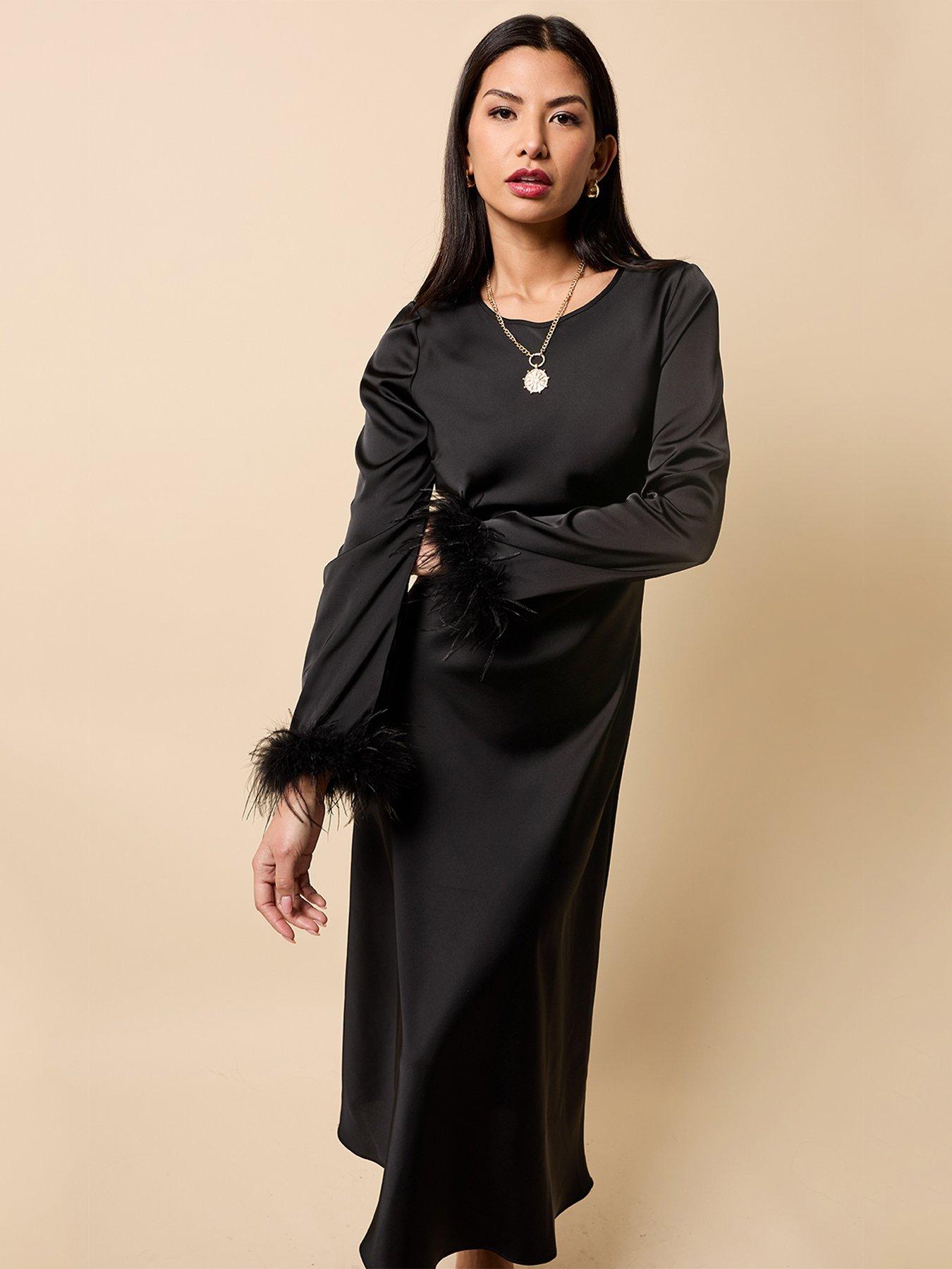 Image 3 of 5 of Little Mistress Satin Feather Trim Sleeve Midaxi Dress - Black