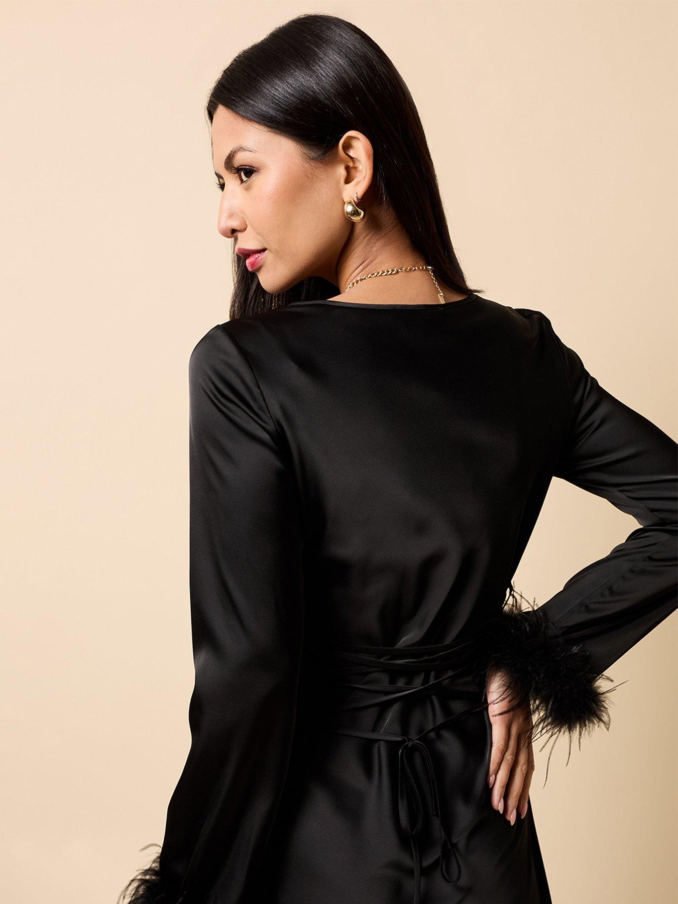 Image 4 of 5 of Little Mistress Satin Feather Trim Sleeve Midaxi Dress - Black