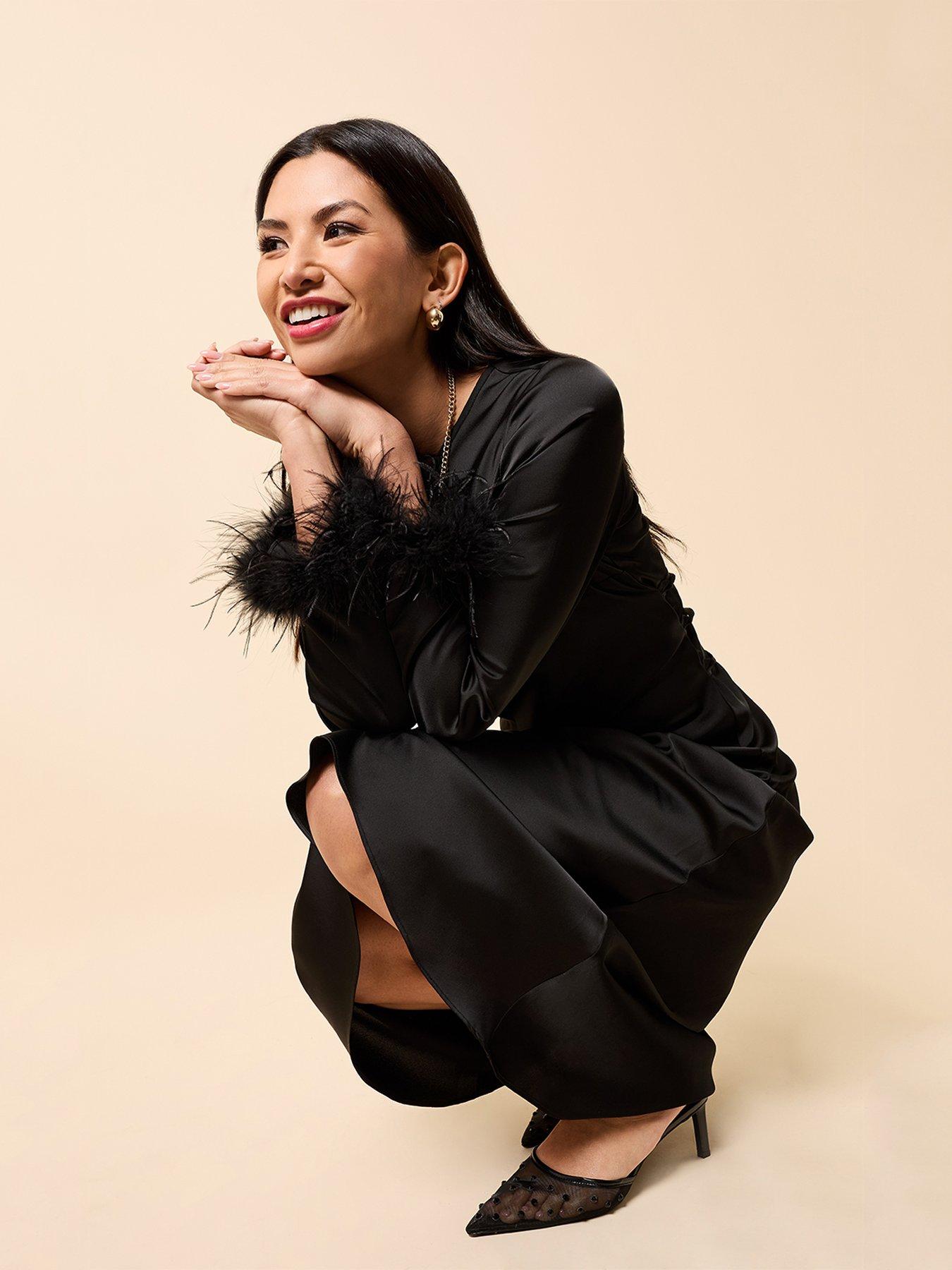 Image 5 of 5 of Little Mistress Satin Feather Trim Sleeve Midaxi Dress - Black